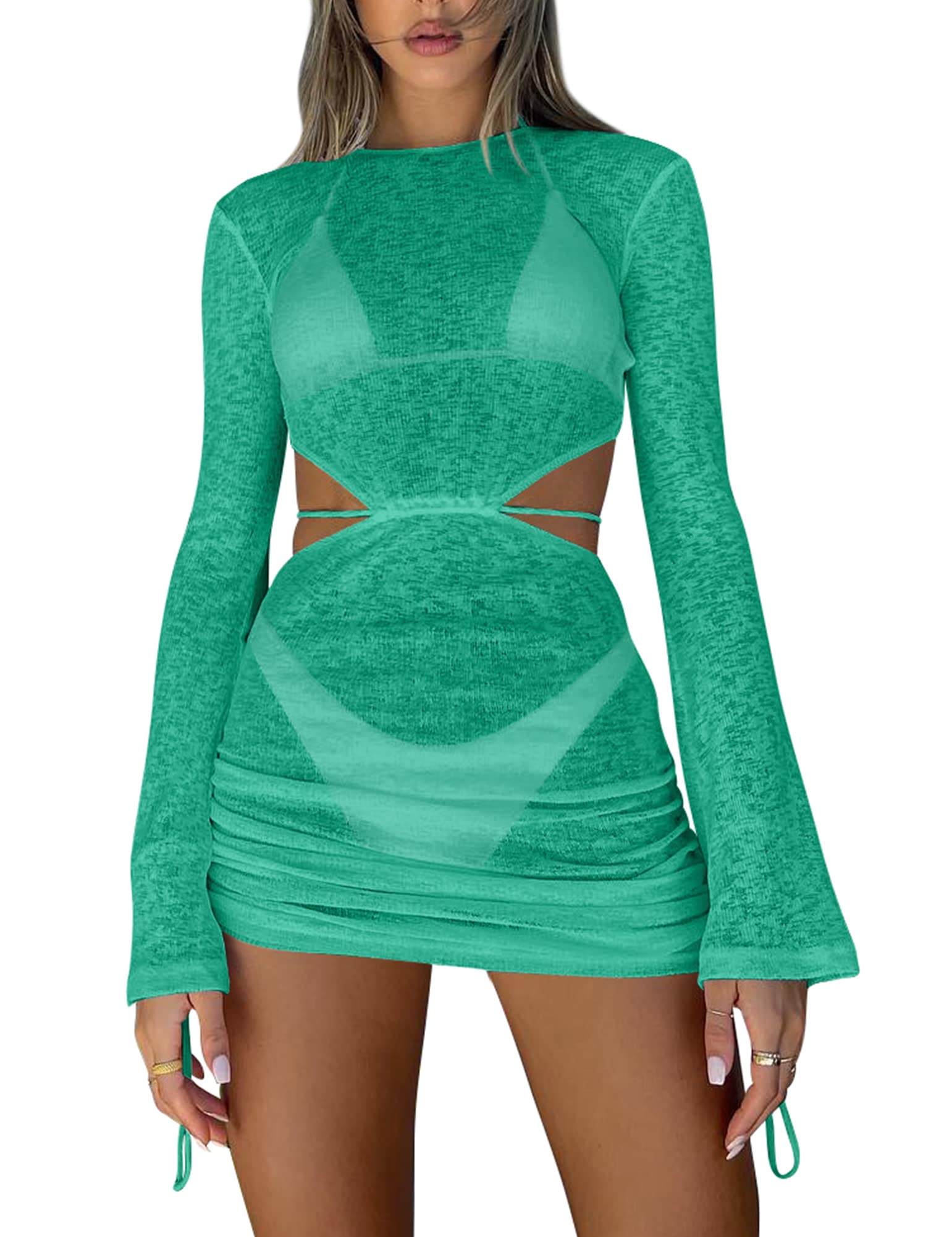 Kaximil Women's Swimsuit Coverup Long Sleeve Sexy Beach Bathing Suit Cover Ups Mini Dress Swimwear