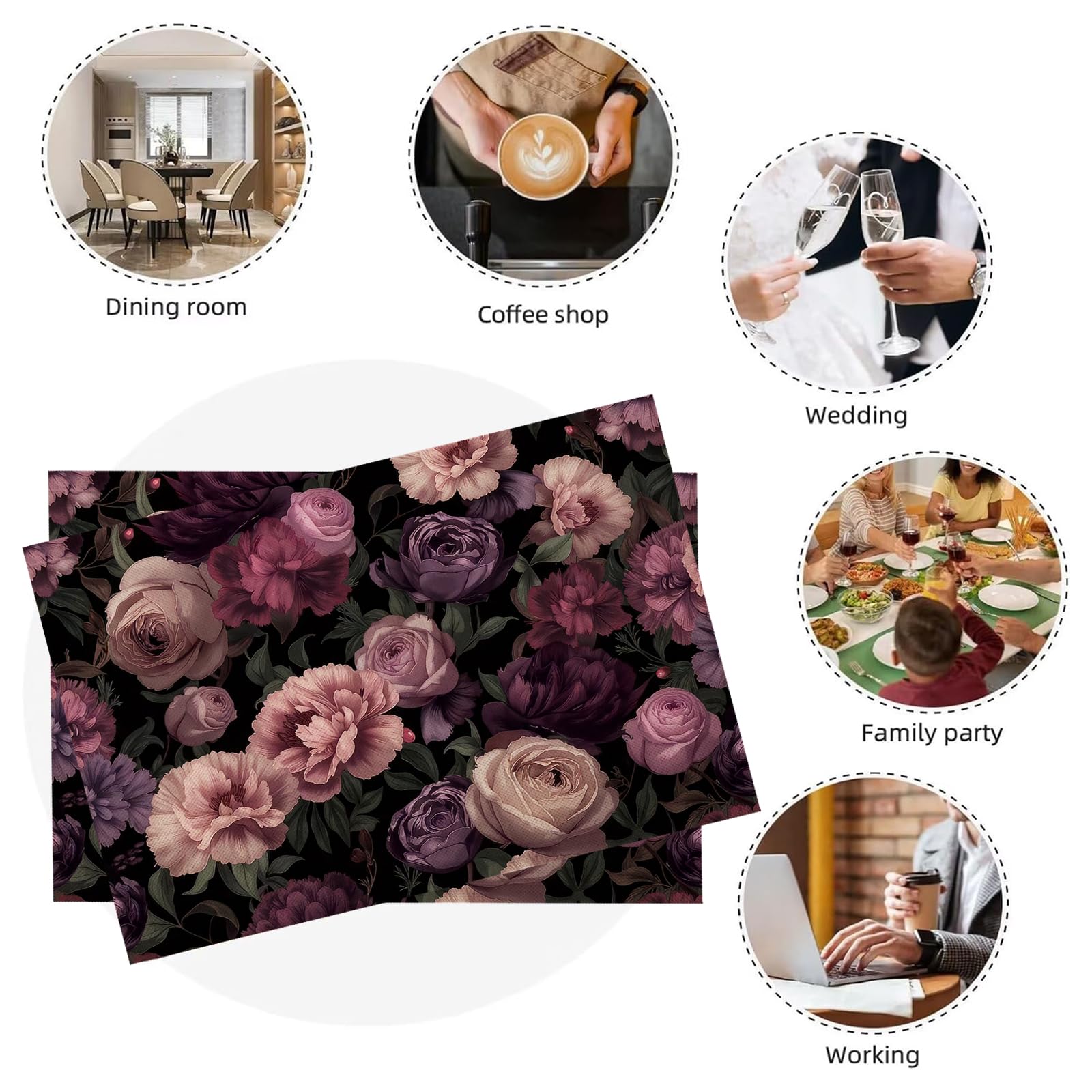 Tovaglietta Americana Fiori Eleganti in Cotone Lino Rettangolare - Tovagliette Set di 8 Peonia Rosa Rosa Resistente al Calore per La Cucina, Il L'Ufficio, 30 x 45cm