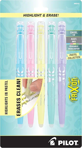 Pilot FriXion Light Pastel Erasable Highlighters, Chisel Tip, Pack of 5, Blue, Pink, Yellow, Green & Purple Aesthetic Highlighters - Ideal for School, Journaling, and Office Use