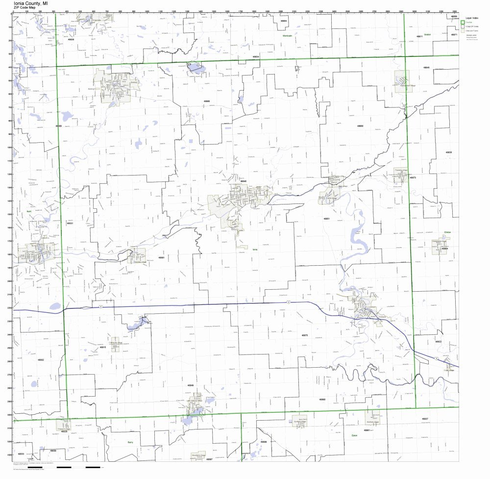 Ionia County, Michigan MI ZIP Code Map Not Laminated