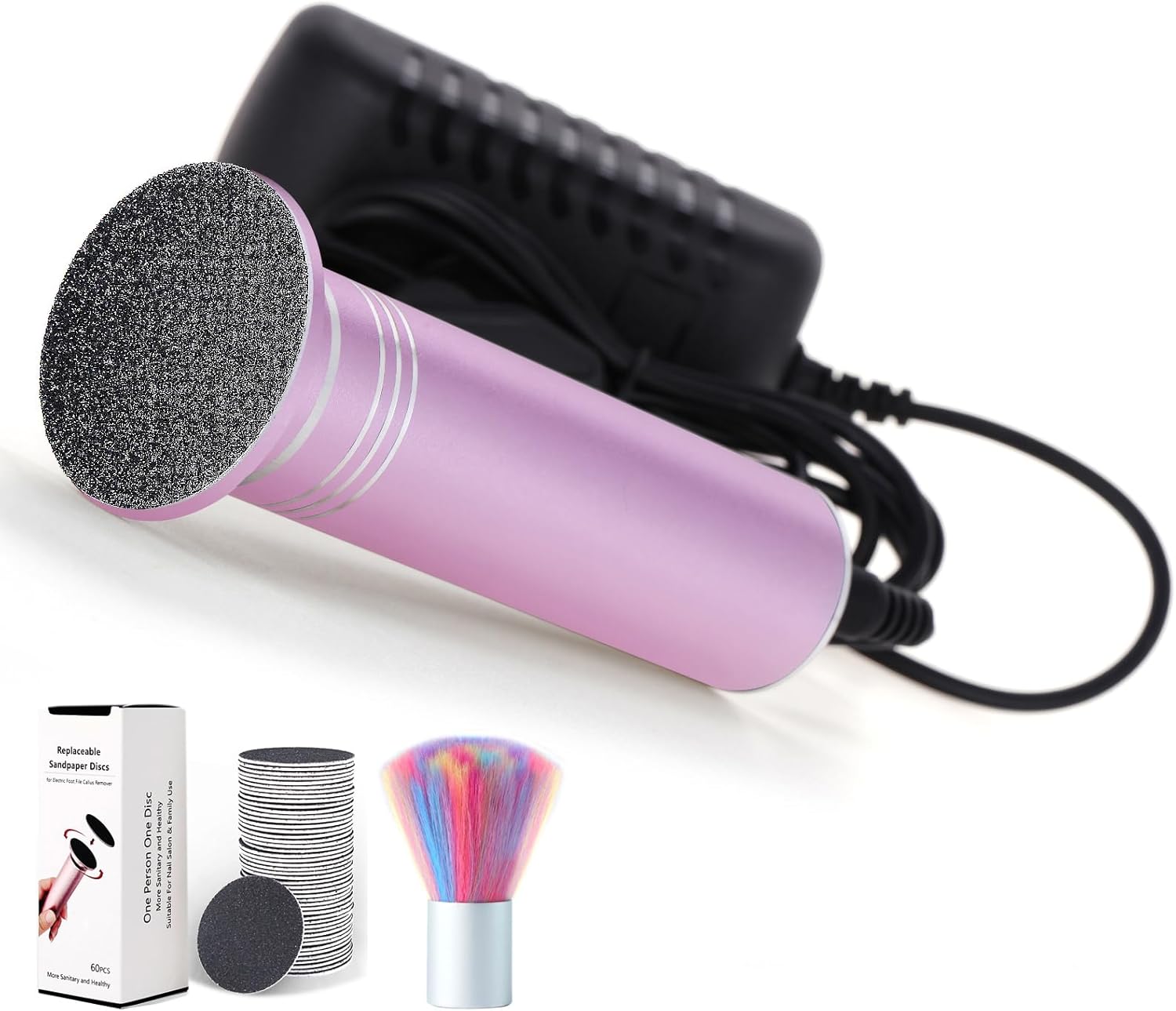 Electric Foot File Speed Adjustable Sandpaper Discs Callus Remover Pedicure Fast Remove Feet Hard Cracked Dry Dead Skin Tool, Plug Type: UK plug (Pink)