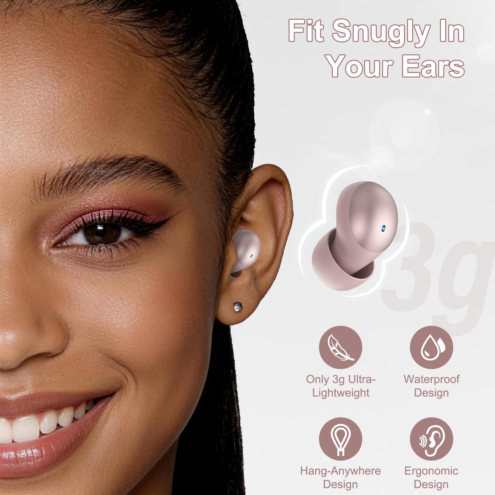 Mini Auriculares para Dormir Bluetooth 6.0 y aplicación, Ruido Blanco Integrado para Dormir, Rosa Dorado