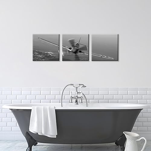 Miniatura 6 de 3 piezas de arte de pared en lienzo en blanco y negro vintage de la Segunda Guerra Mundial, aviones de combate militares, impresiones de fotografía