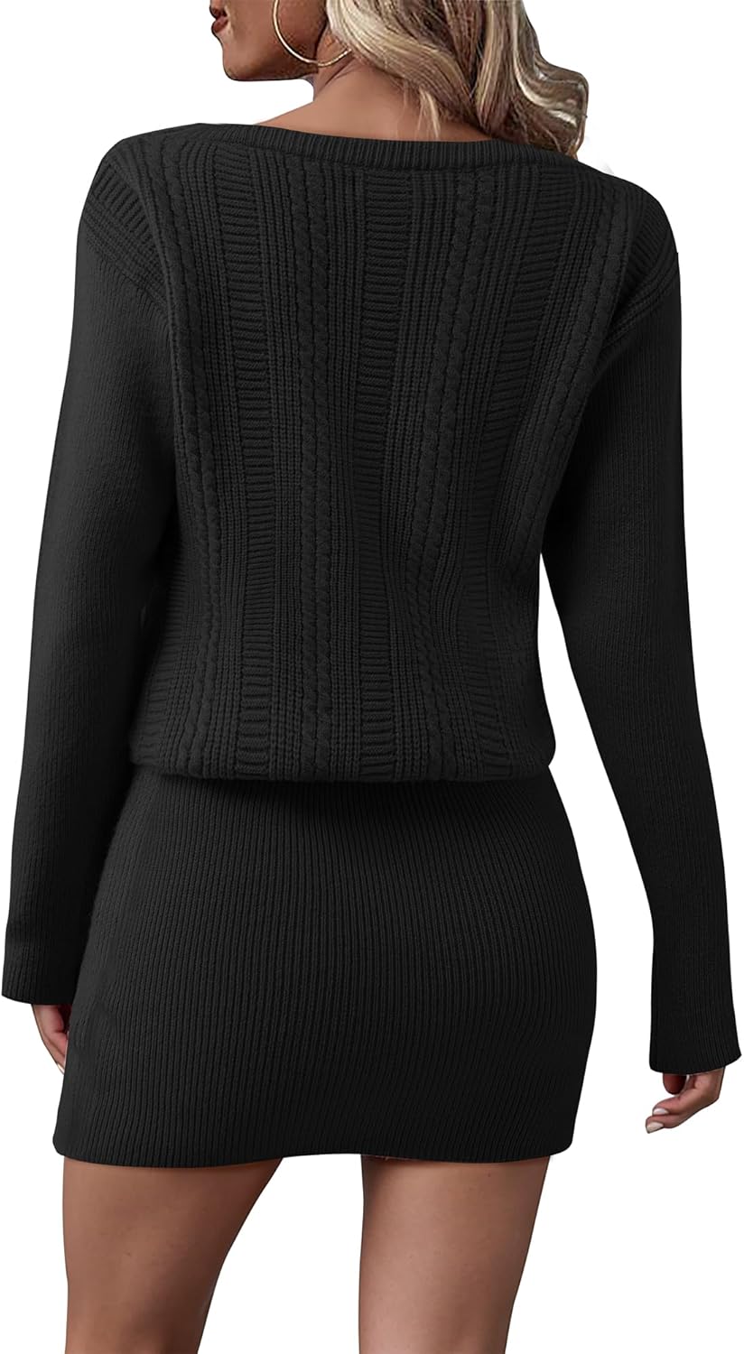 Lotusmile Women's Cable Knit Mini Sweater Dress Boat Neck Off The Shoulder Bodycon Pullover Long Sleeve Short Dresses - Image 2