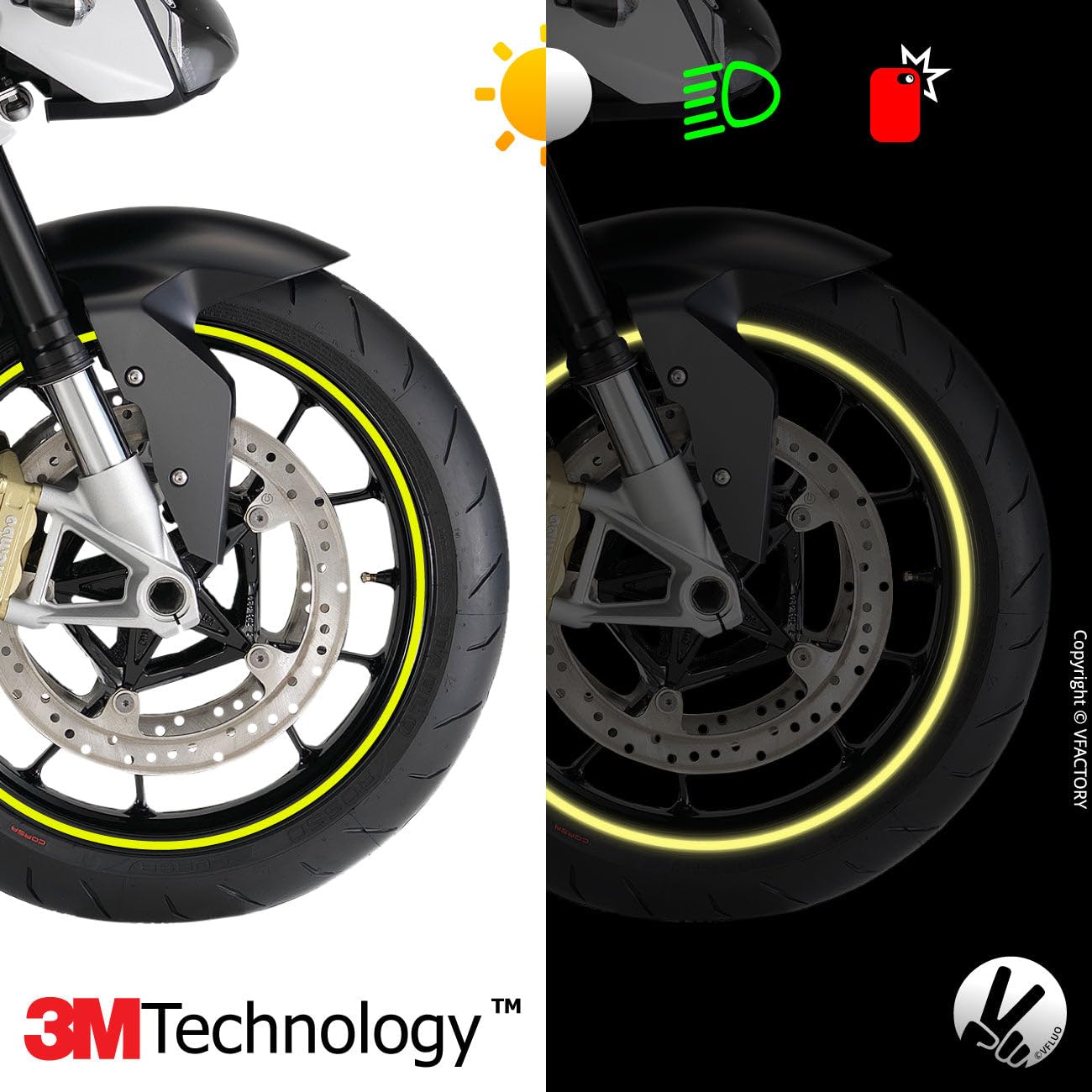 VFLUO - Kit Pegatinas Llantas de Moto Reflectantes, Autoadhesivas para 1 Rueda, 3M Technology™ - Gran Visibilidad Lateral - Discreto y diseño - Fácil colocación — view 3