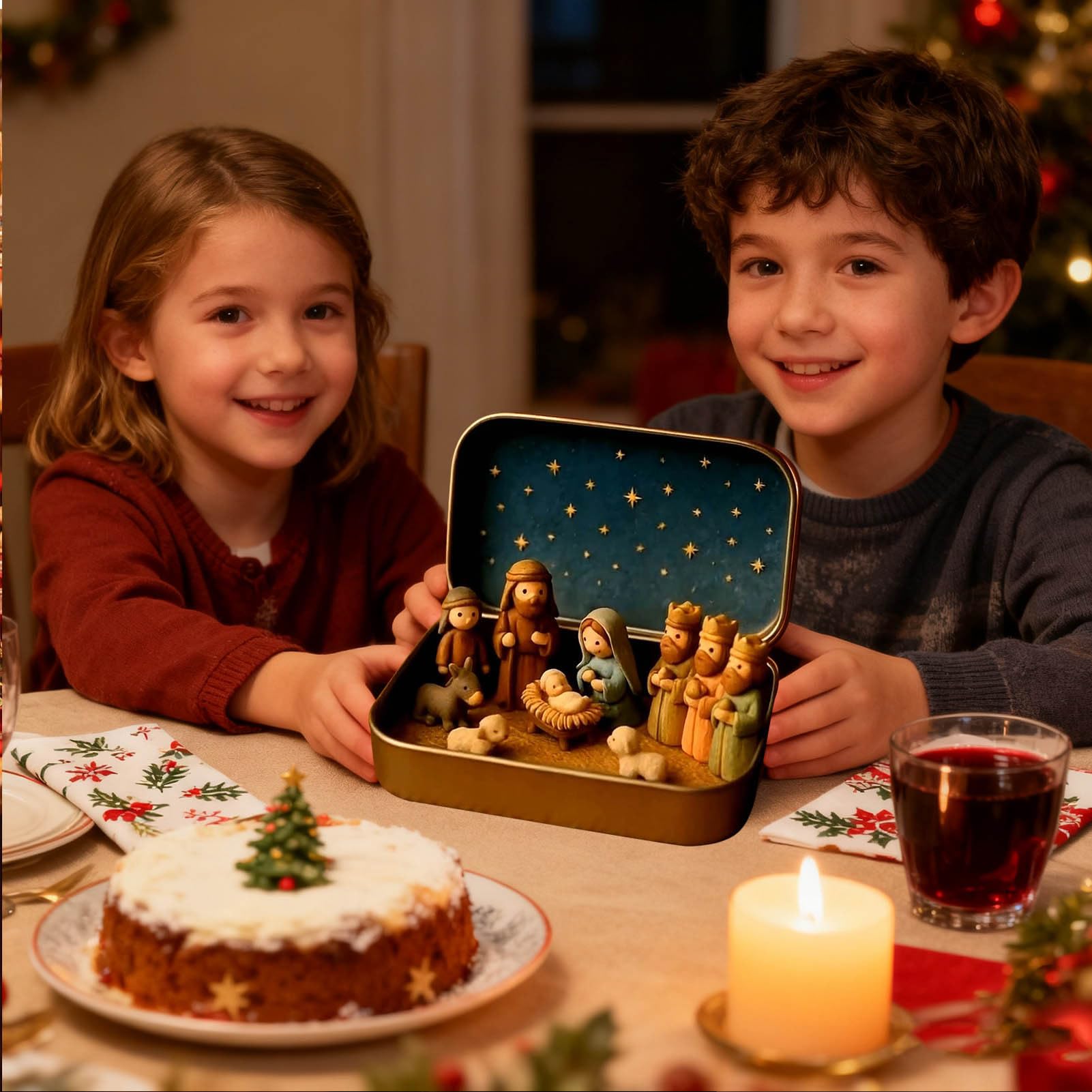 Mini Belén Navideño En Caja Metálica, Escena De Pesebre De Navidad Pesebre Navidad De Resina Decoración Navideña para Hogar Sala De Estar Dormitorio Estudio