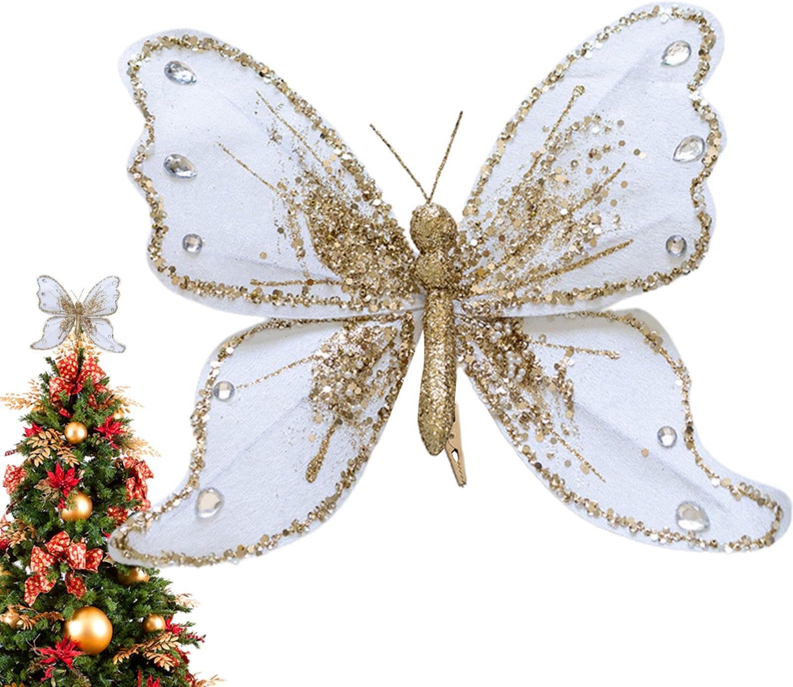 Gold Powder Butterfly Ornaments, Glitter Butterfly Christmas Decoration - Fabric Butterfly Ornament Christmas Tree Decor Seasonal Decoration Holiday Sparkling Butterfly for Coffee Table
