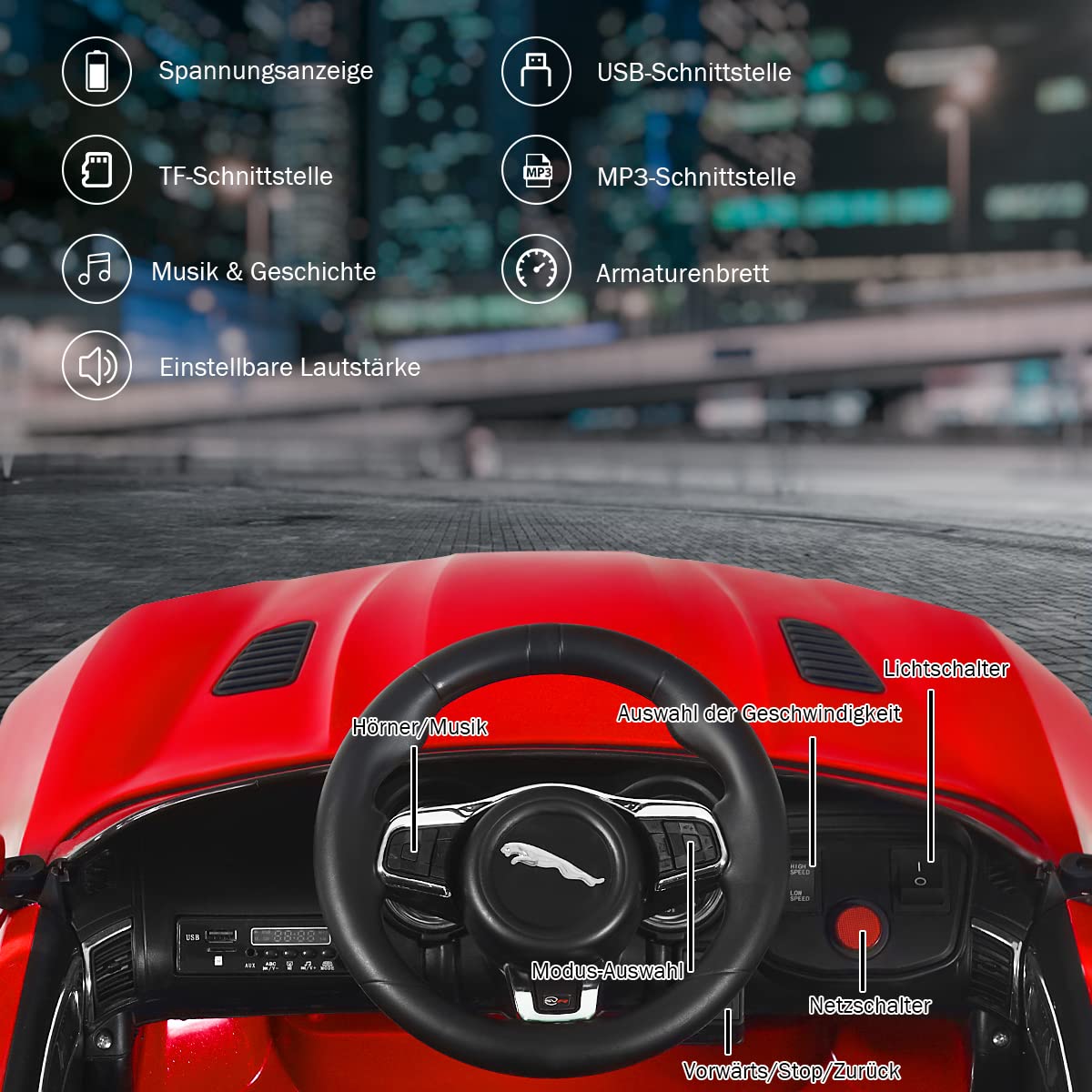 COSTWAY Jaguar elektryczny samochód dziecięcy z historiami, muzyką, klaksonem i reflektorem, 12 V, z pilotem zdalnego sterowania 2,4 G, samochód elektryczny 3-5 km/h, dla dzieci od 3 lat (czerwony)