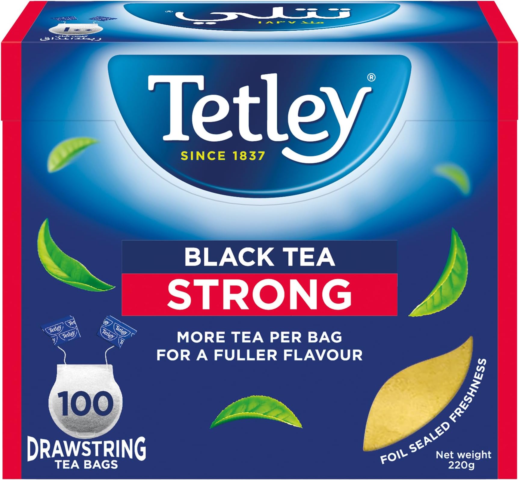 Tetley Strong Black Tea | 100 Black Tea Bags | More Tea per Bag for a Fuller Flavour | Foil Sealed Freshness | 220g (Packaging May Vary)