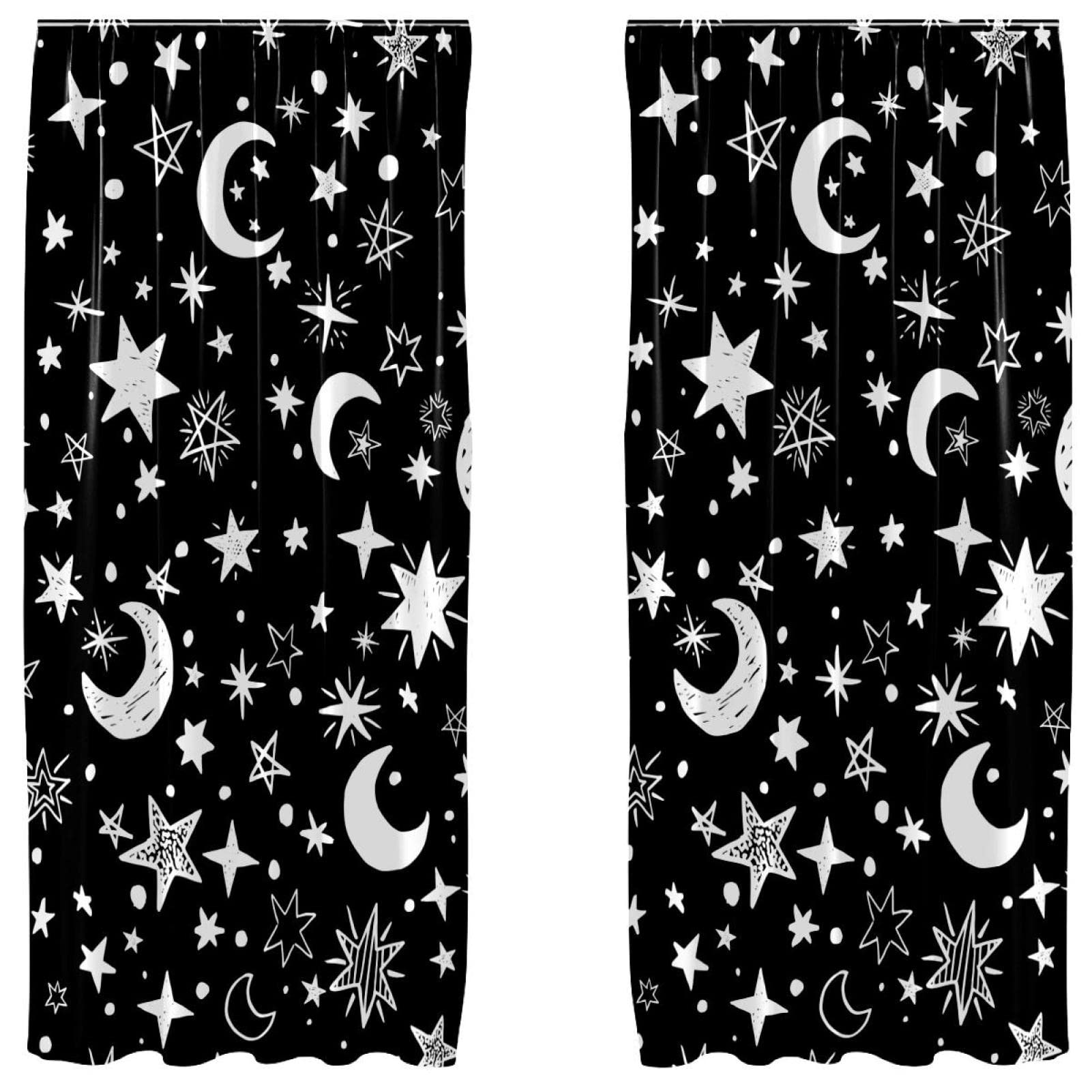 Rideaux motif lune et étoiles design contrasté noir et blanc lot double