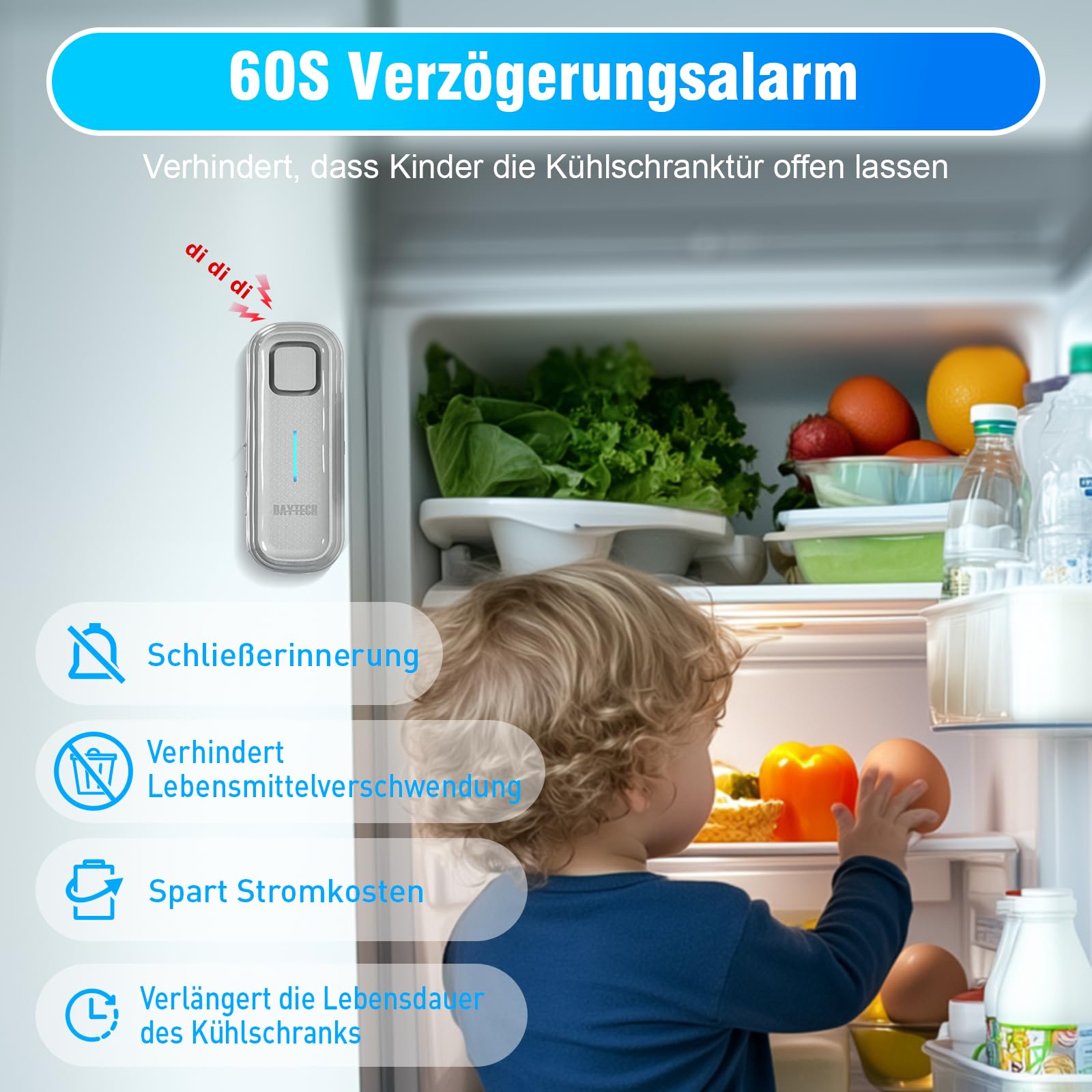 DAYTECH Gefrierschrank-Türalarm, wenn offen gelassen mit 0–4 Minuten Verzögerung, Silber, 3 Stück | 0–120 dB einstellbare Lautstärke, Vermeidung von Lebensmittelverlust, ältere Kühlschränke, Garage und Keller