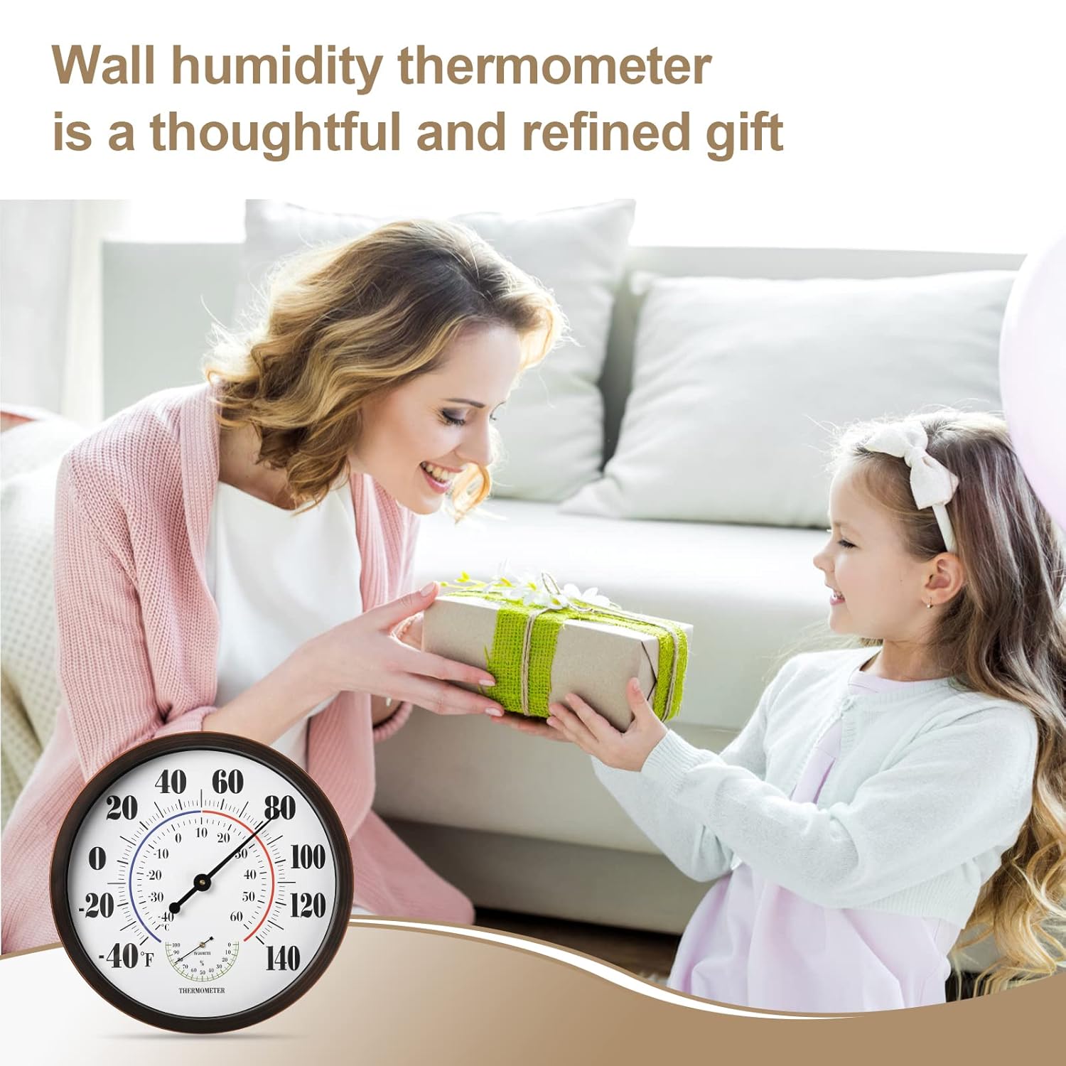 Indoor Outdoor Thermometer Wall Large Numbers Thermometer No Battery 12" Hanging Digital Weather Hygrometers for Home Garden Outside Patio Decor (Brown)