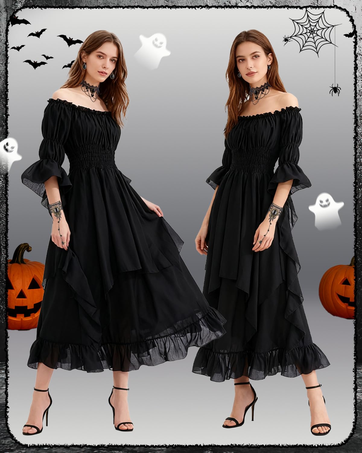 Gothique Maille Robes Longues, Épaules Dénudées Robes Longues à Lacets, Robe Médiévale pour Femme À Manches Trompette Style Victorien, Renaissance, Gothique Costume pour Carnaval, Halloween, Fête