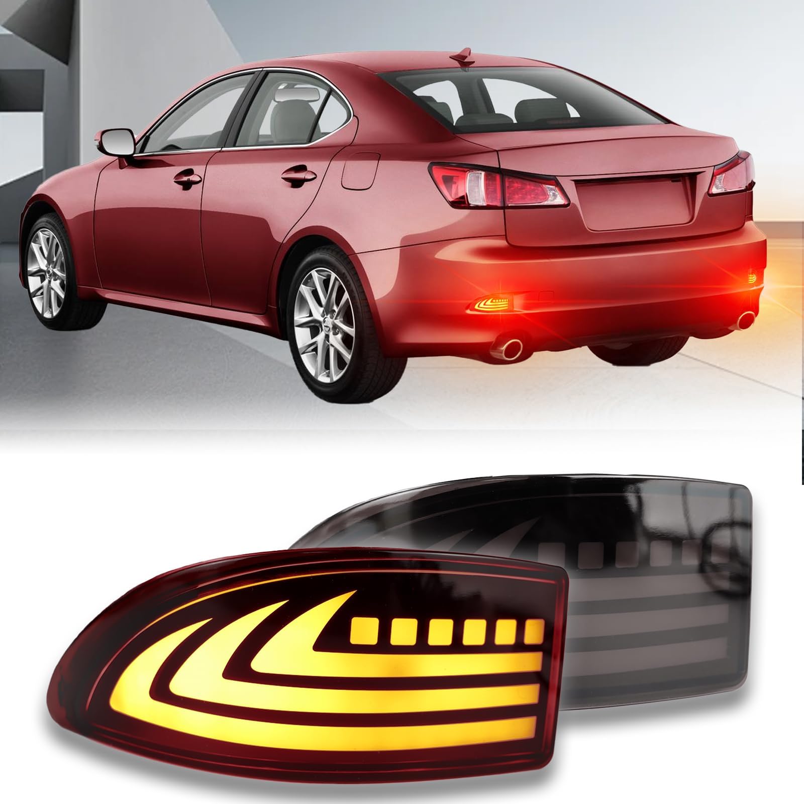 Upgrade LED Rear Bumper Reflectors Light Fog Brake Tail Lamps Compatible with Lexus Gen2 2006-2012 IS IS250 IS300 IS350 IS200t is-F Replace OEM Stock Reflector Turn Signal Light (Smoked)