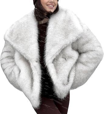 Womens Faux Fur Coat Winter Warm Fluffy Fur Jacket | Lapel Collar, Snap Button, Furry Short Coat, Long Sleeve Shaggy Jaket