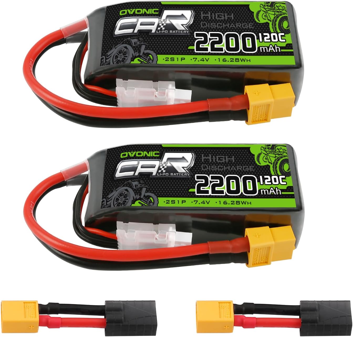 OVONIC 2S Short LiPo Battery 7.4V 2200mAh 120C with TRA Plug and XT60 Plug for RC Car RC Truck Airplane Helicopter Boat Car Racing RC Hobby [2 Packs][82" D x 35" W x 20" H mm]