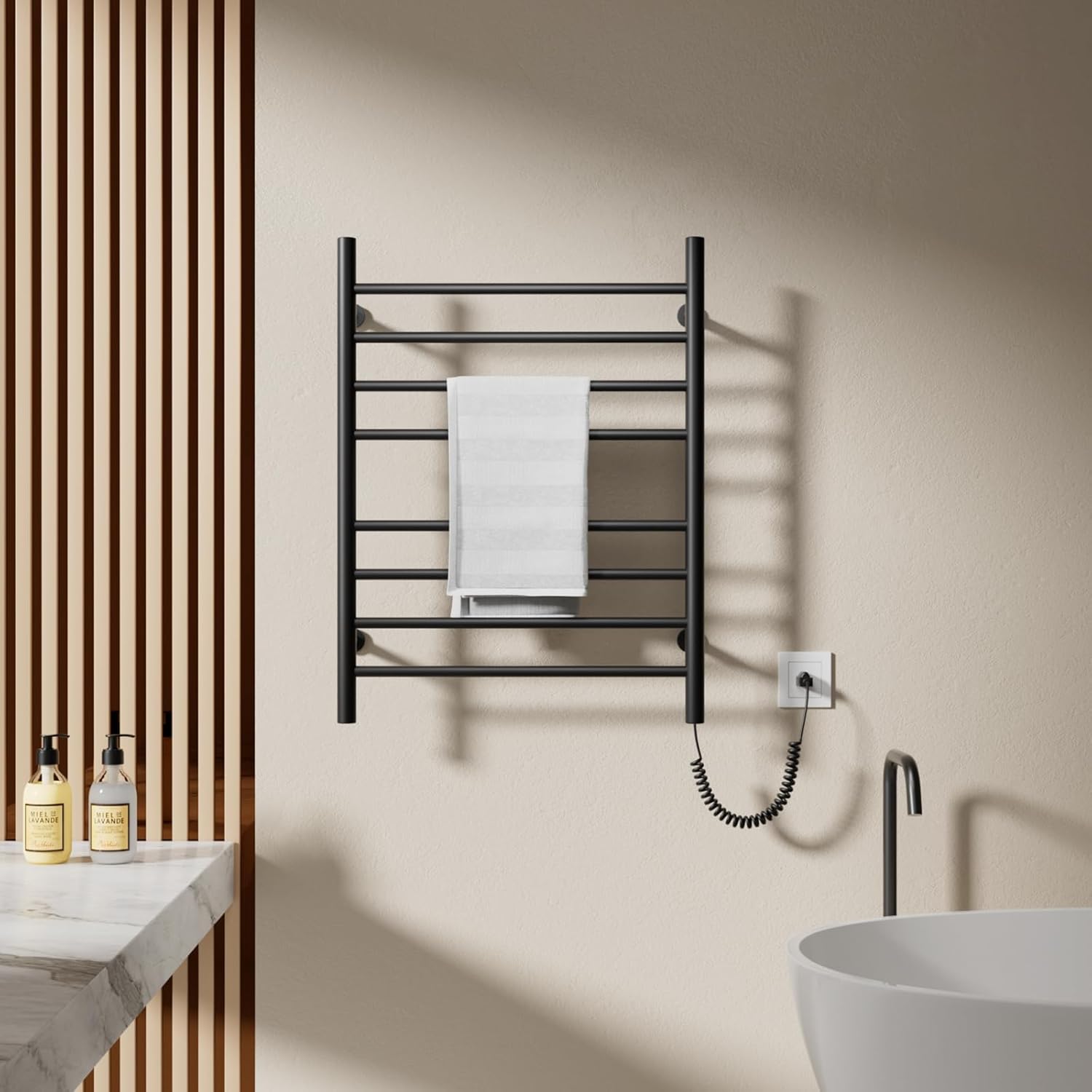 POPFLY Heated Towel Rack with Timer, Wall Mounted Electric Towel Warmer for Bathroom Rack, 8-Bar Electric Towel Warmers Drying Rack with Temp Multi-Level, Black, Plug-in