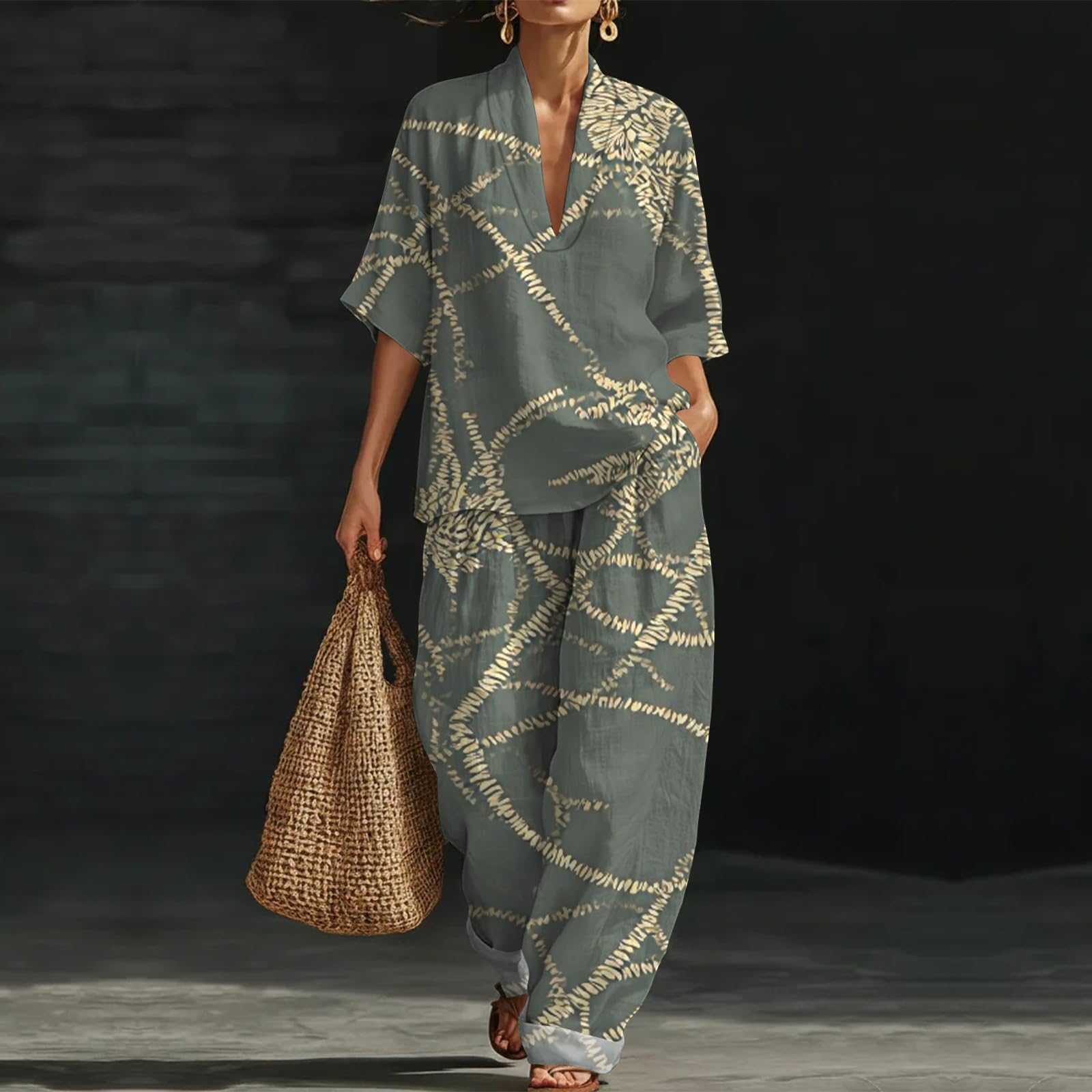 Leinenanzug Damen Sommer Musselin 3/4 Ärmel V-Ausschnitt Zweiteiler Locker Lässig Leinen Set Atmungsaktives Kurzarm Oberteil Weite Baggy Hose Luftiger Baumwolle für Freizeit Strand und Yoga