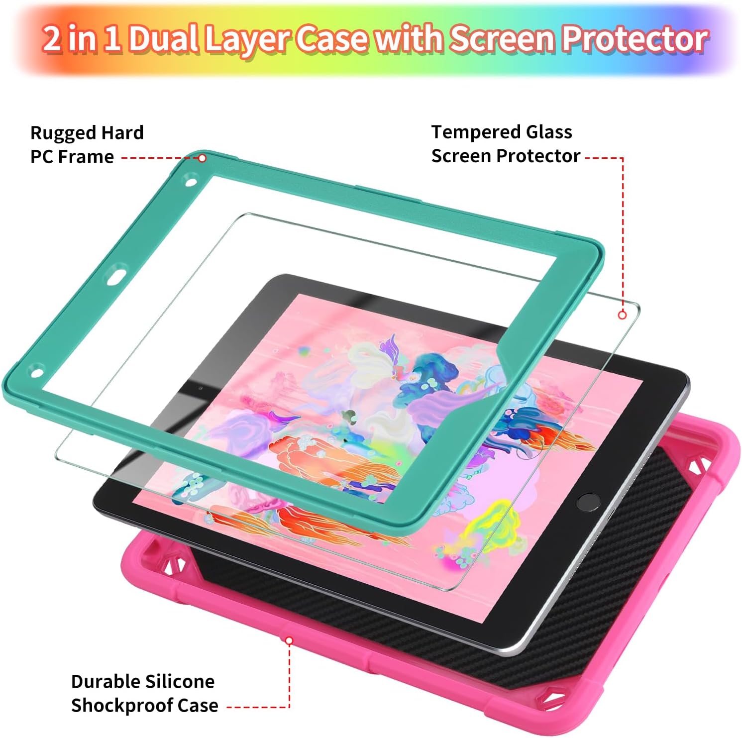 WESADN for iPad 9.7 Case iPad 6th 5th Generation Cases with Screen Protector/Butterfly Kickstand/Lanyard/Keychain Rugged Case with Pencil Holder for Girls Kids iPad Air 2 Case 9.7''Rose Red