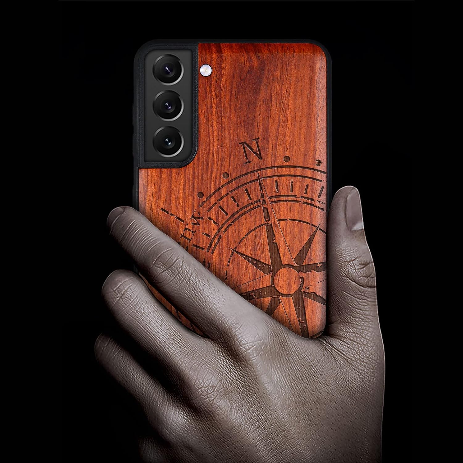 Carveit Wood Case for Galaxy S22 Case [Hard Real Wood & Soft TPU] Shockproof Hybrid Protective Cover Unique & Classy Wooden Design Compatible with Samsung S22 (Vintage Compass Carving-Rosy)
