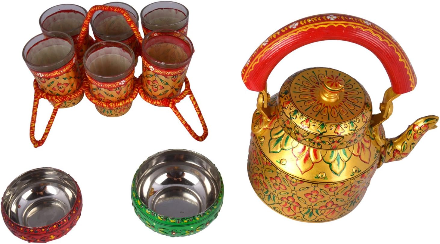 Kaushalam Hand Painted Tea Kettle Glass Bowl Set