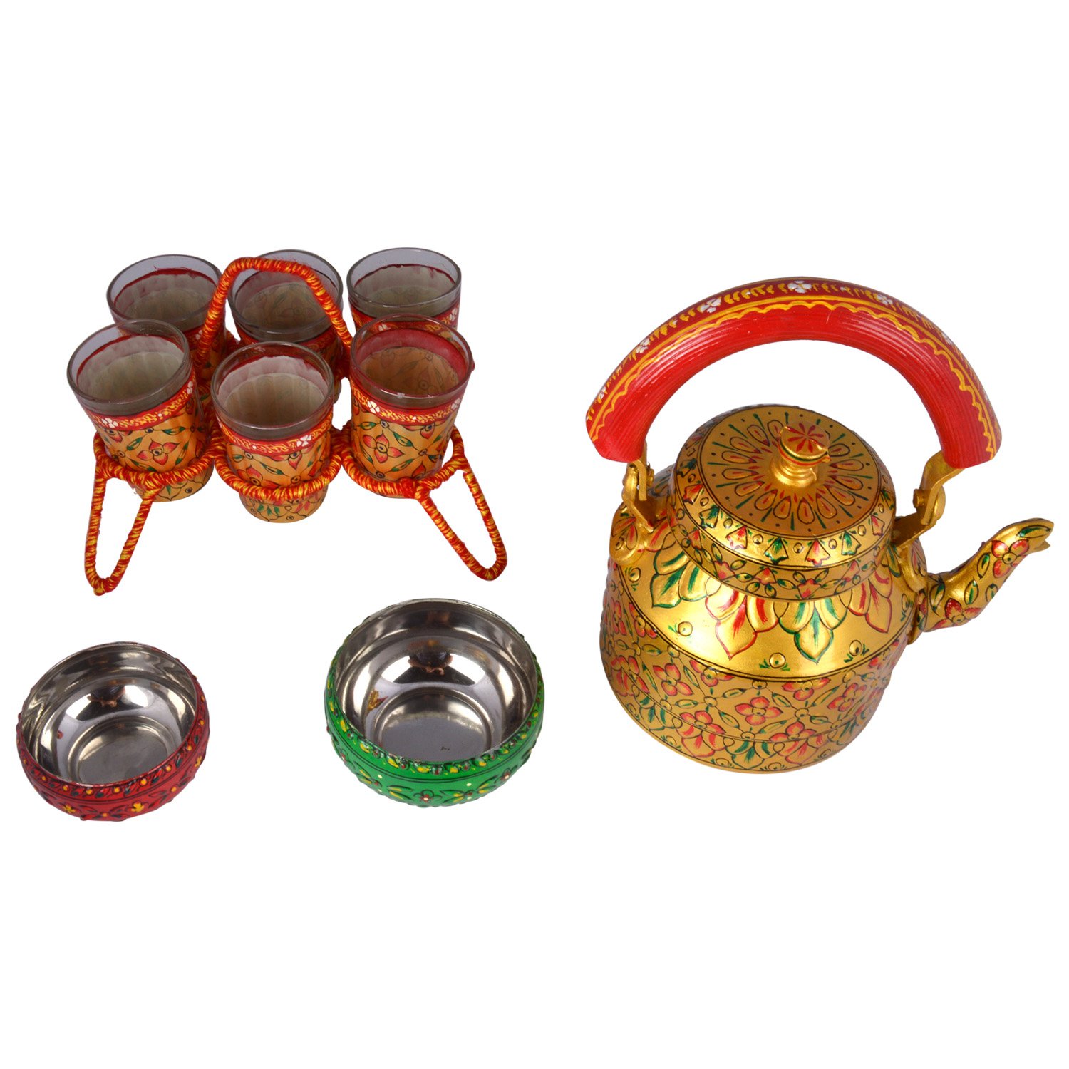 Kaushalam Hand Painted Tea Kettle Glass Bowl Set