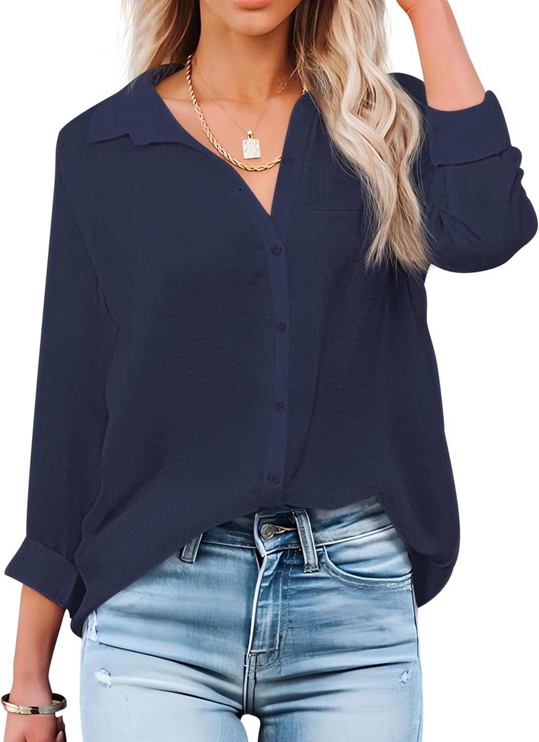 OMSJ Women's Button Down Shirts Casual Long Sleeve Stylish V Neck Solid Work Business Blouses Tops with Pocket