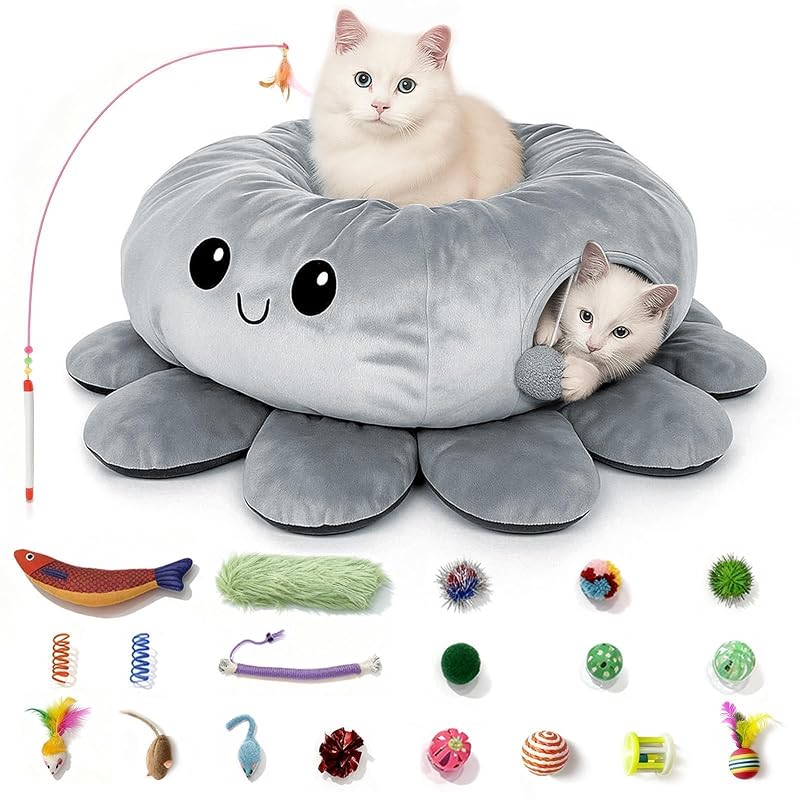 Túnel-cama 2 em 1 para gatos com toca, brinquedos e almofada VIEFIN Grey Grey, Large