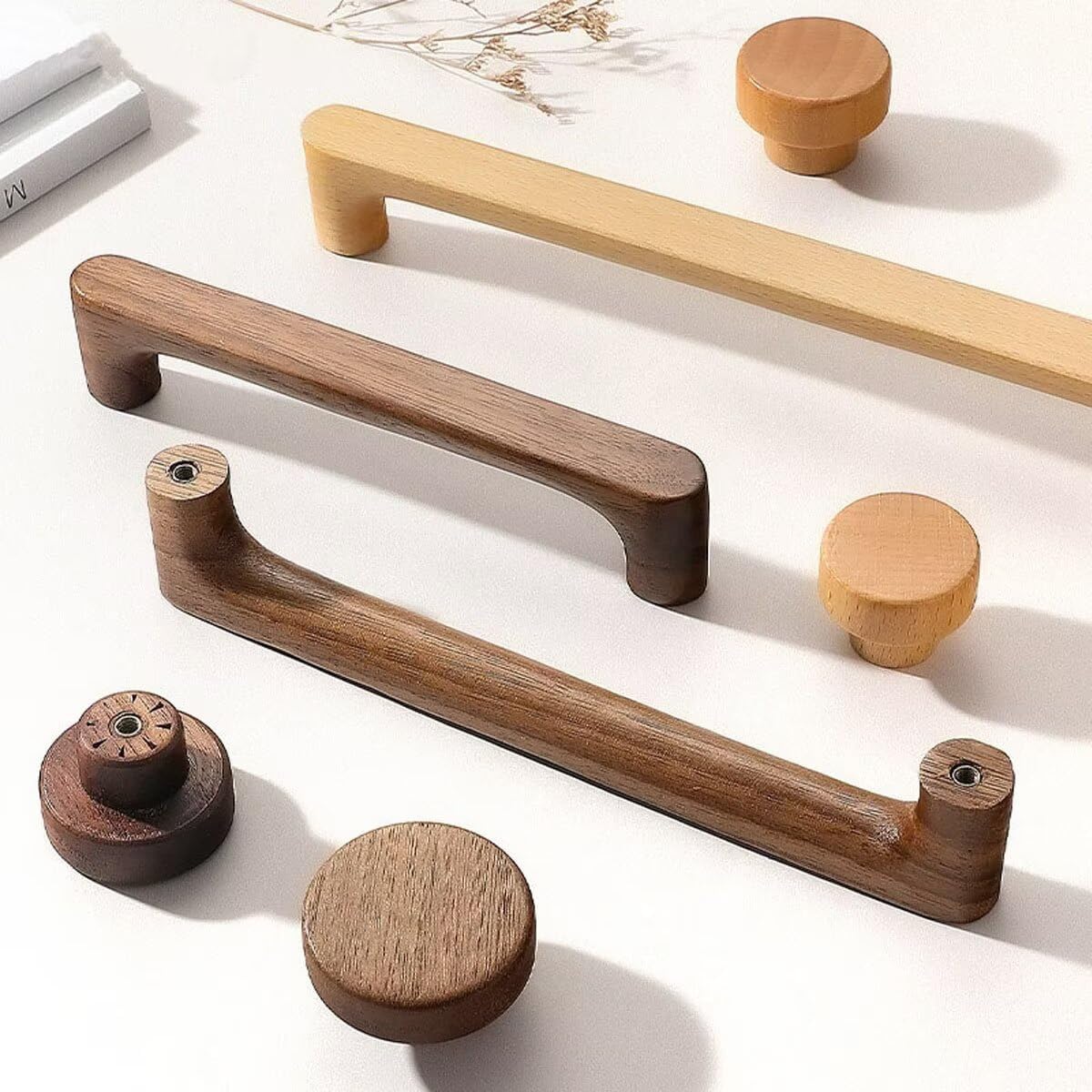 10Pcs Wooden Knobs, Natural Walnut Wood Kitchen Cabinet Pulls Retro Style Wood Handles for Living Room Children's Room with Screw,Hole Distance:128mm