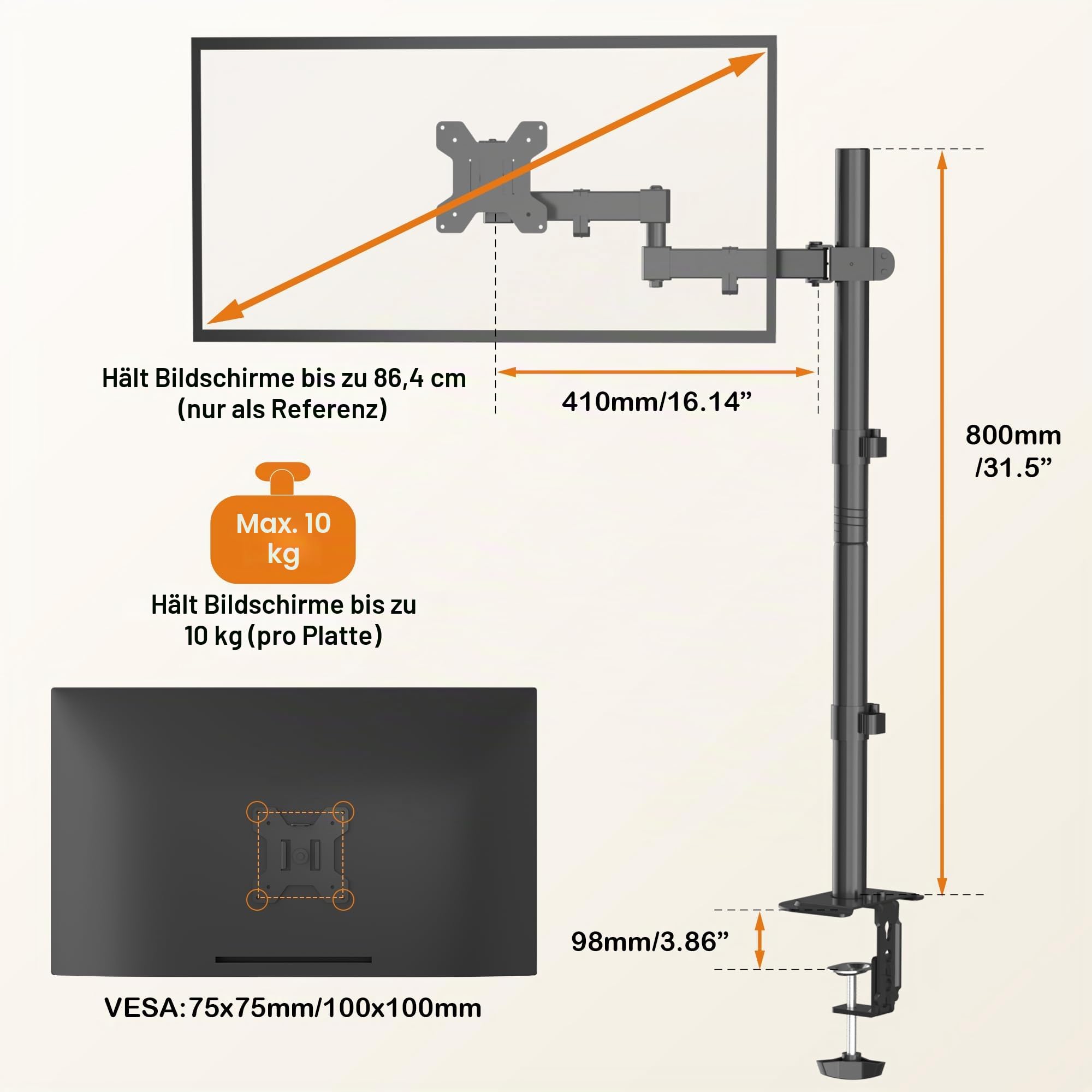Bracwiser einzelnen Voll einstellbare Stehhöhe Monitorarm Standhalterung 800 mm hoch für Monitor Computerbildschirm 13 15 17 19 20 22 23 24 26 27 30 32 Zoll VESA 75 100 MD7821