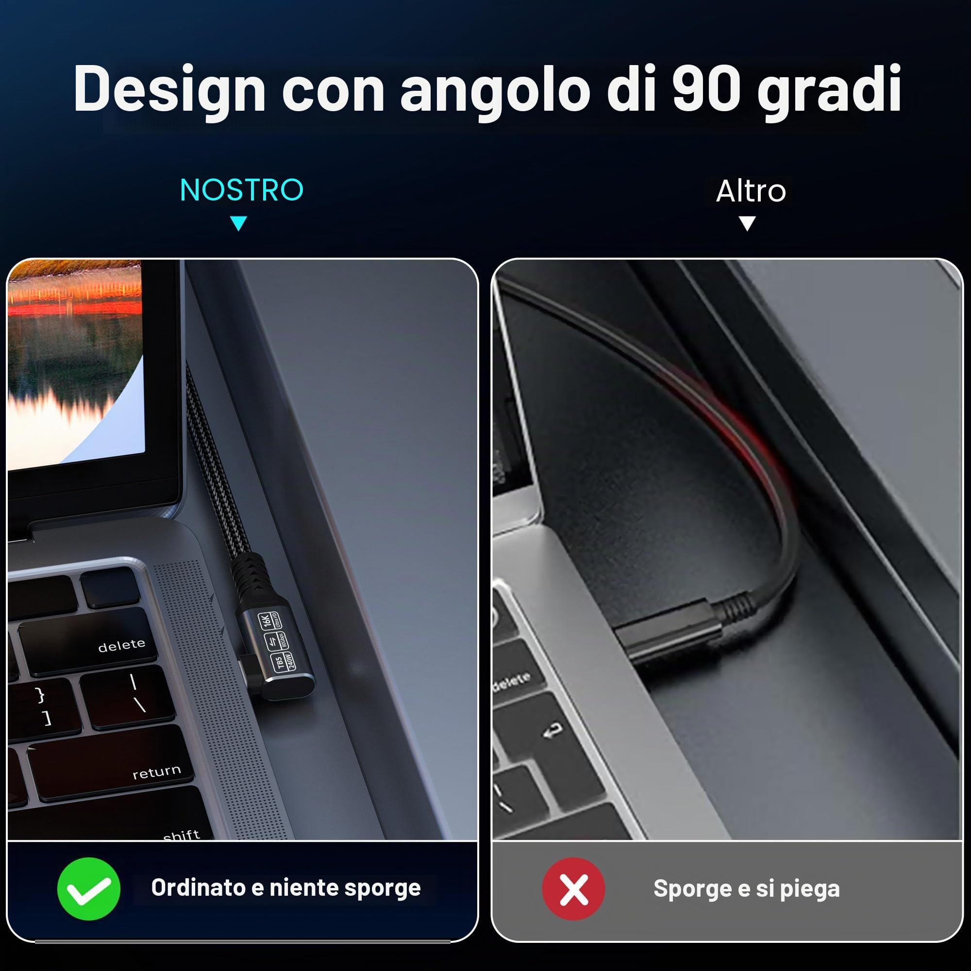 cavo usb 5 type-c 80 gbps Compatibile con Thunderbolt 5 angolo retto 2M,Supporta 240W,Video 16K@30Hz 8K@60Hz,cavo usb c dati alta velocità per Thunderbolt 4,USB 4,eGPU,Laptop