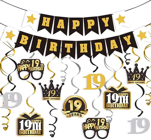 Miniatura 308 de LINGTEER Happy 65th Birthday Decorations Set - 12Pcs Black & Gold Swirls Streamer,Happy Birthday Bunting Banner,Cheers to 65 Years Old Bday Party