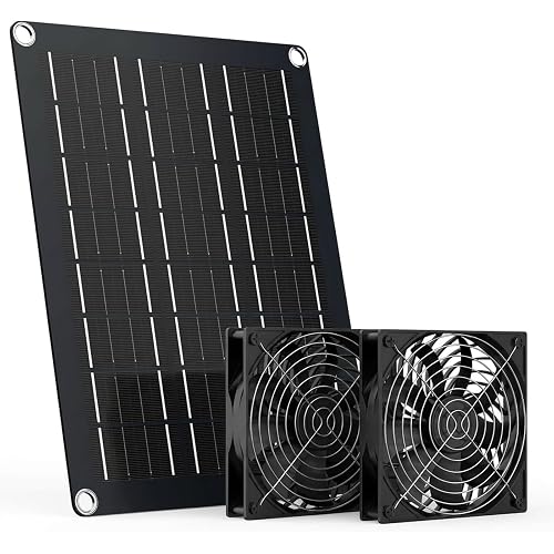 MARBERO 4.7 Inch Solar Powered Fan Kit, 15W Solar Panel with 2 Waterproof Fans, Intake or Exhaust Air Fan wtih 13 Ft Cable for Outside Backyard Chicken Coops, Greenhouses, Dog Houses, Pet Houses
