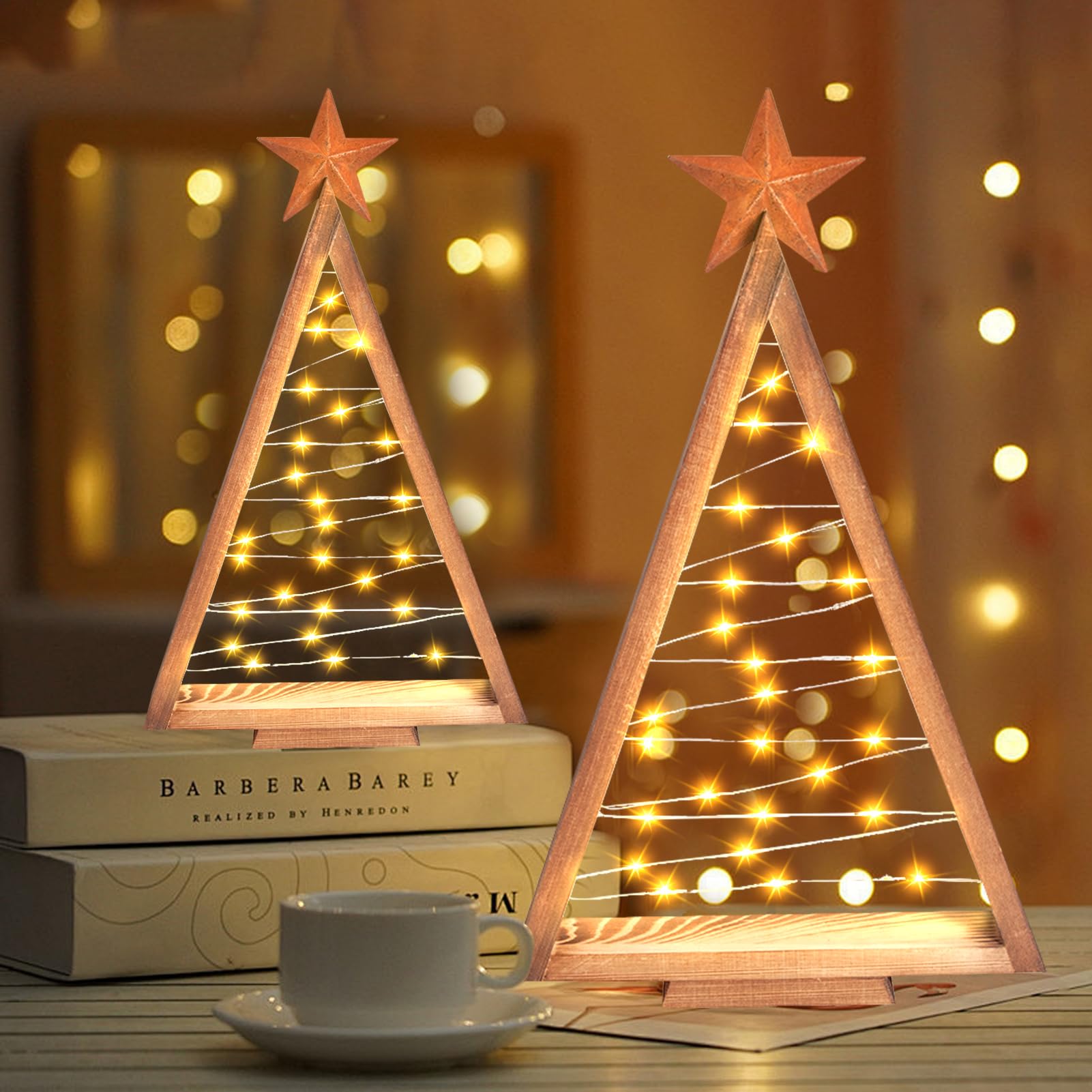 GZWY Weihnachtsdeko Beleuchtung Weihnachtsbaum aus Holz, 2 Stück Weihnachtsdeko Innen Aussen Weihnachtsbaum mit LED Licht, Weihnachtsbeleuchtung Außen