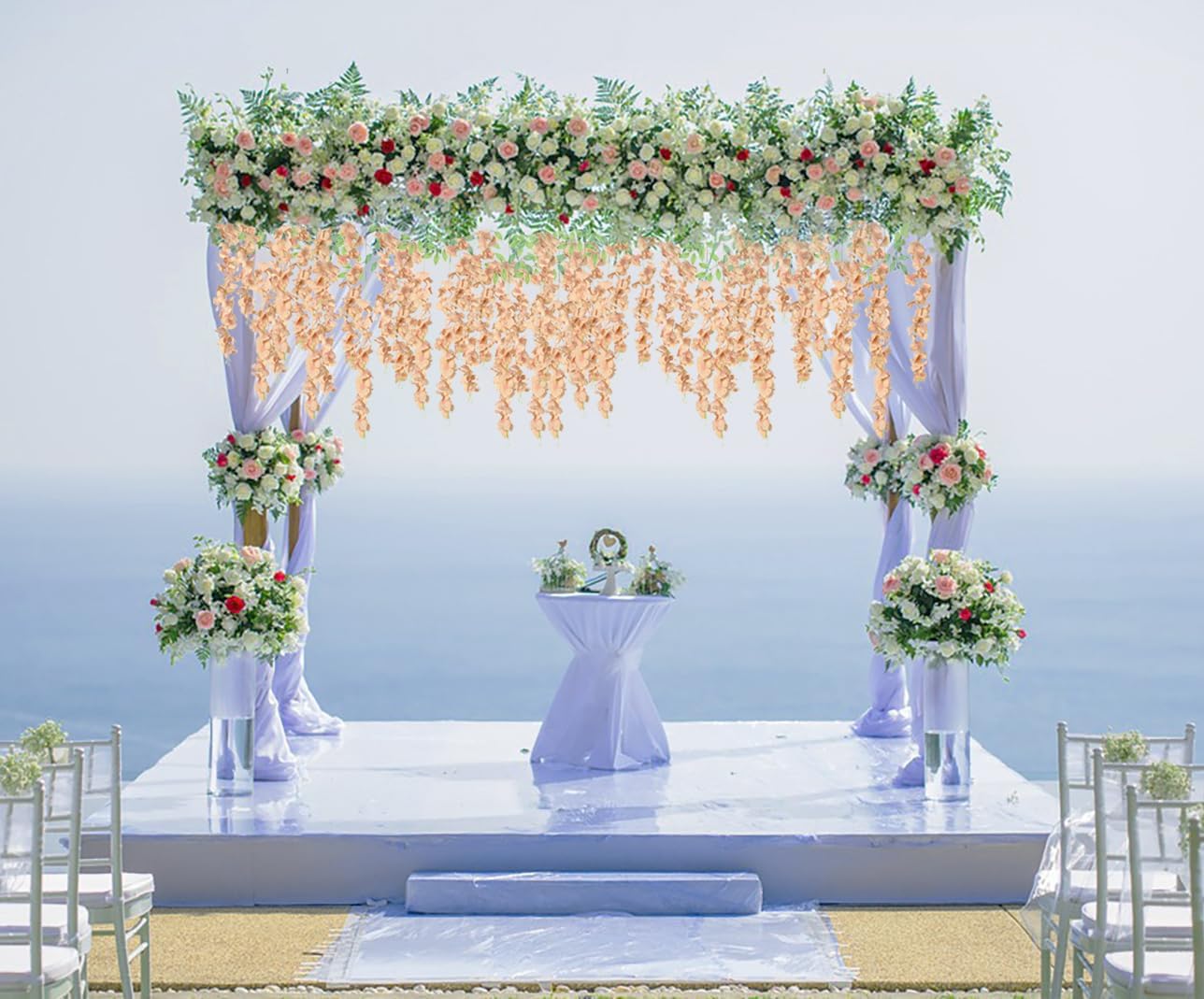 12Pack Wisteria Hanging Flowers 3.6ft Fake Flower Garland Faux Wisteria Vines Champagne Artificial Silk Flowers Bushy Rattan String for Garden Home Wall Wedding Decorations (Champagne) - Image 2