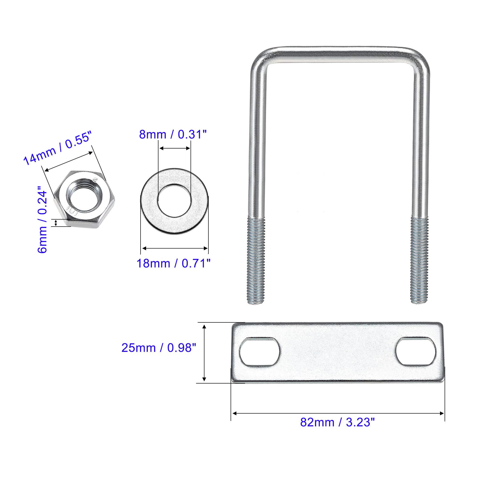 MACHSWON Square U-Bolt,2 Set Carton Steel M8 U Bolts 50mm(2") Inner Width 130mm Length with Nuts and Frame Plate for Automobiles Boat Trailer - Image 3