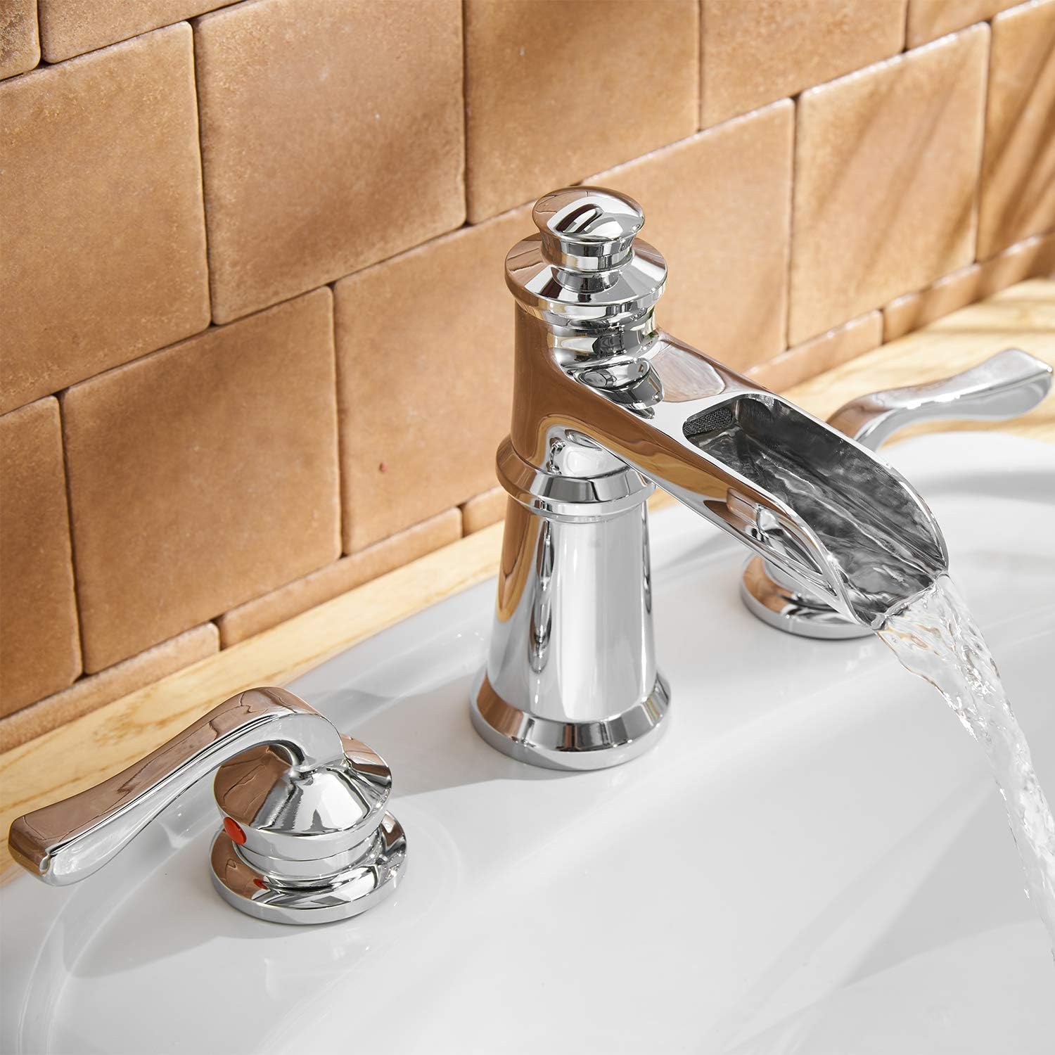 BWE Waterfall 8-16 Inch 3 Holes Two Handle Widespread Commercial Bathroom Sink Faucet Lavatory Chrome Finish