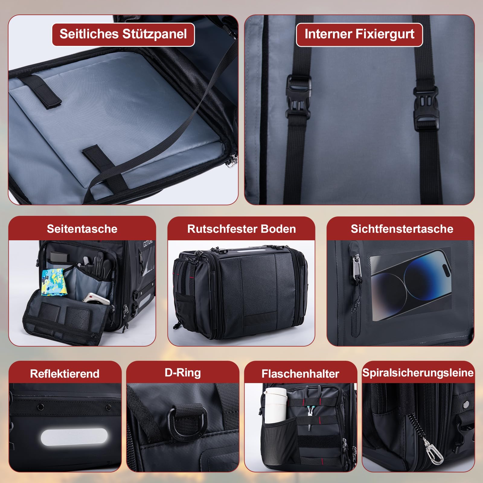 Goture Motorrad Hecktasche 50-70L Erweiterbar Wasserdicht 1000D Cordura | Formstabile Motorradtasche mit rutschfestem Boden für Touring, Reise & Camping - robust, langlebig & einfach zu montieren