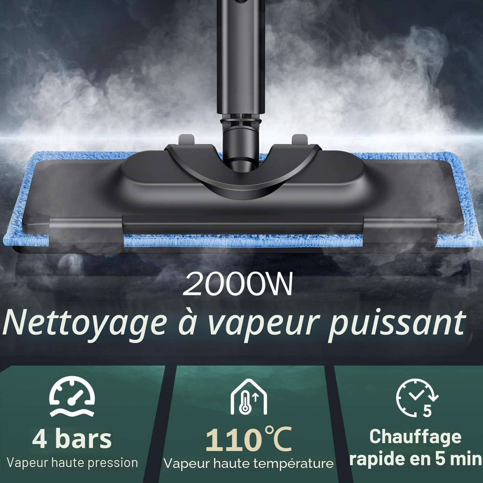 Nettoyeur Vapeur 2000W, Puissant Domestique, Vapeur Réglable/Verrouillable