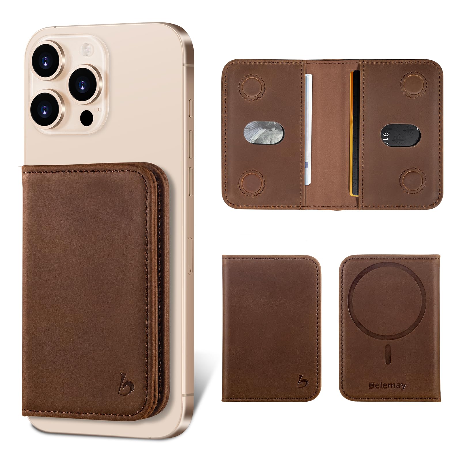Belemay Minimalist Bifold Magnetic Wallet Compatible with MagSafe, Slim Card Holder for 4 Cards, Vintage Crazy Horse Leather, Compatible with iPhone
