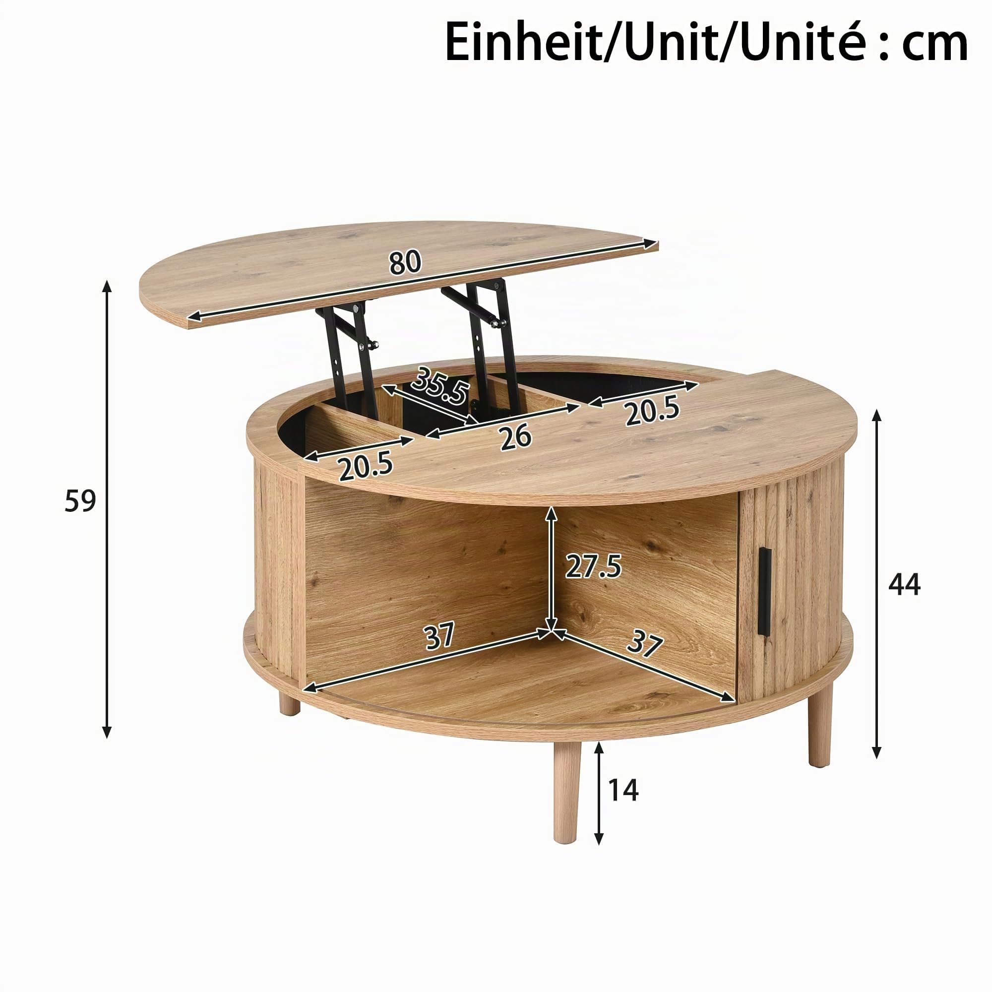 HAINEW Runder Couchtisch Wohnzimmertisch mit Höhenverstellbarer Tischplatte und Schiebetür, Sofatisch Beistelltisch Kaffeetisch mit Abgerundete Ecken, 80×80×59cm, HD26052604 (Eichenfarbe)