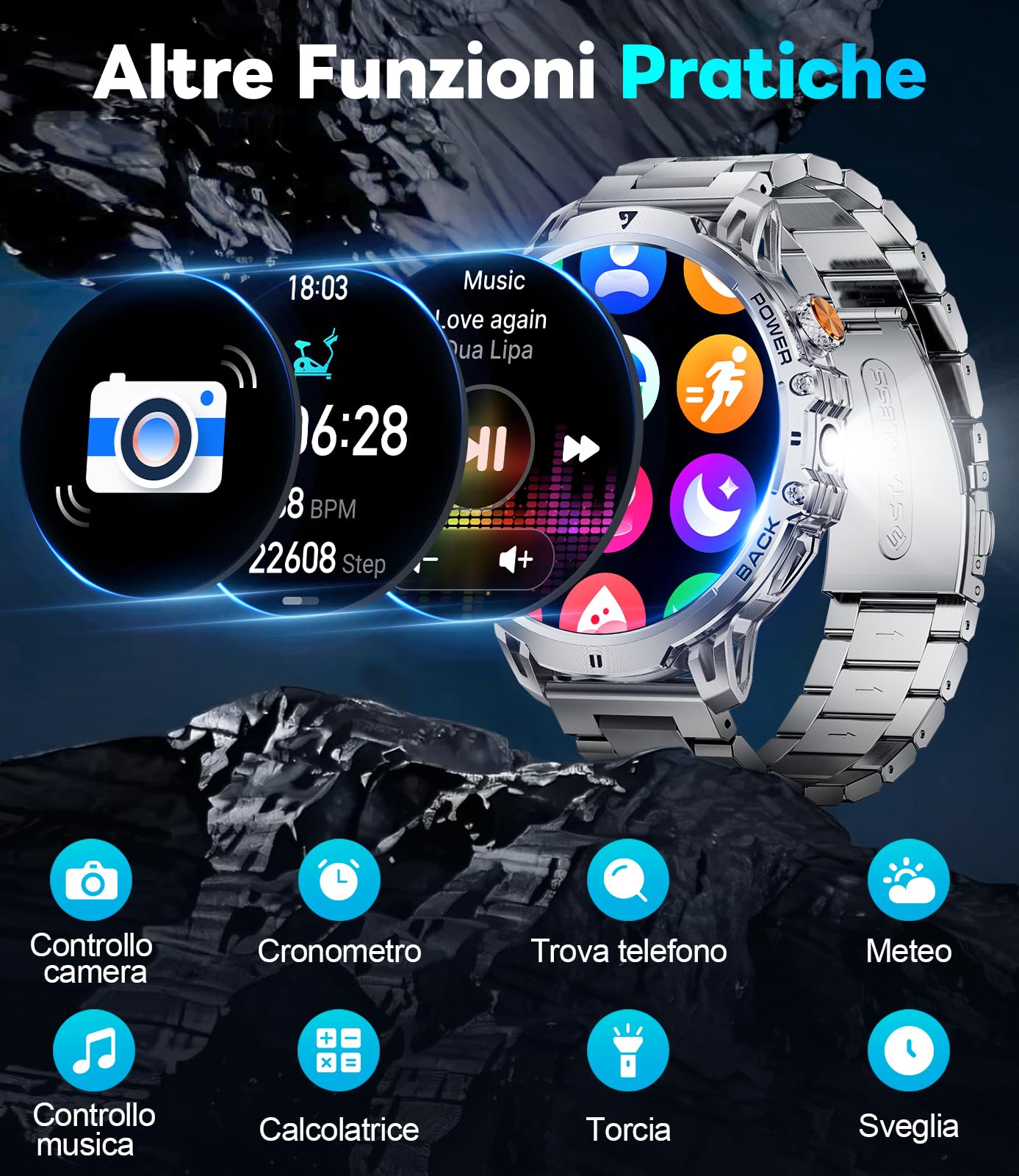 FITFLEX Smartwatch Uomo con Batteria 1000 mAh, Schermo HD da 1,85", Chiamate Bluetooth, Orologio Smart, 120+ Modalità Sportive, Torcia, Analisi della Frequenza Cardiaca e del Sonno, Android/iOS
