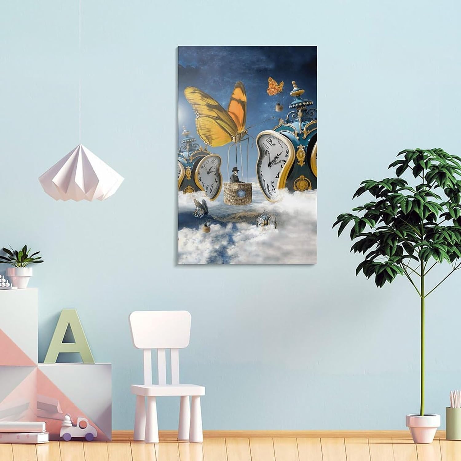 Salvador Dali Oil Painting Poster Butterfly Clock Wall Art Canvas Print Poster Home Bathroom Bedroom Office Living Room Decor Canvas Poster Frame-style16x24inch(40x60cm)