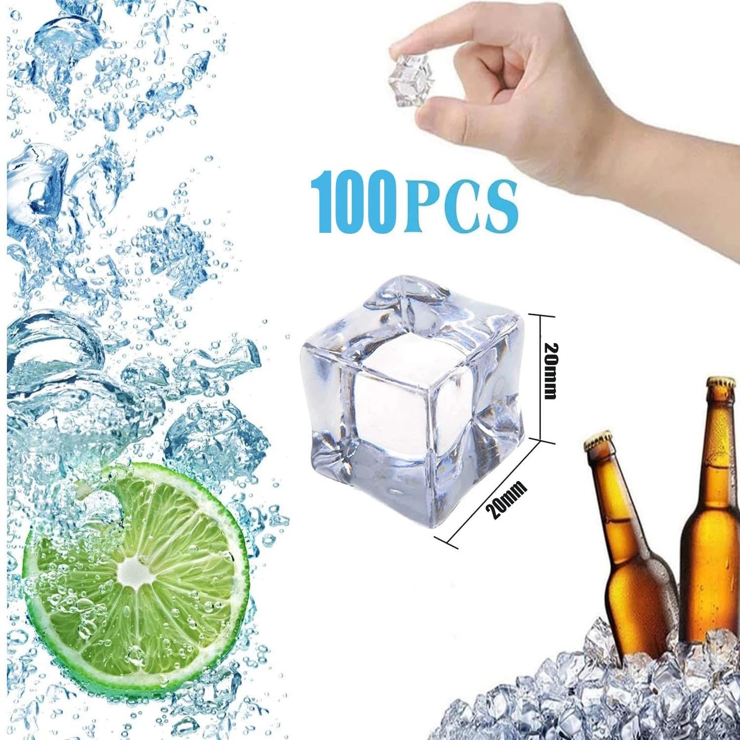 100 sztuk 20 mm plastikowe kostki lodu z tworzywa sztucznego kostki lodu z tworzywa sztucznego do trwałego lodu wielokrotnego użytku, na imprezę, do fotografii