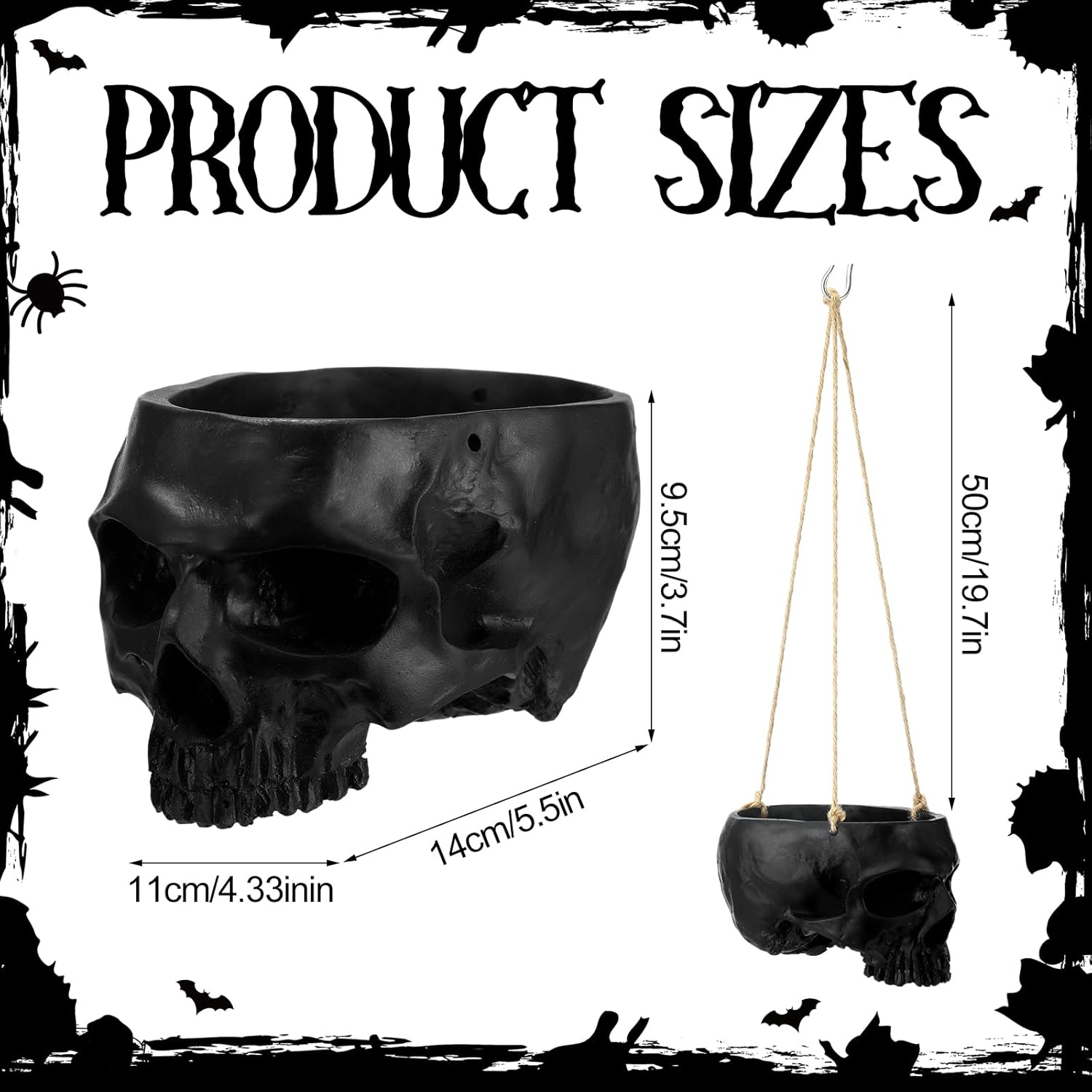 2 Pack Hanging Skull Planter Pot with Ropes Gothic Skeleton Plant Pot Skull Candy Bowl for Succulent Plants Flowers Horror Head Wall Decoration