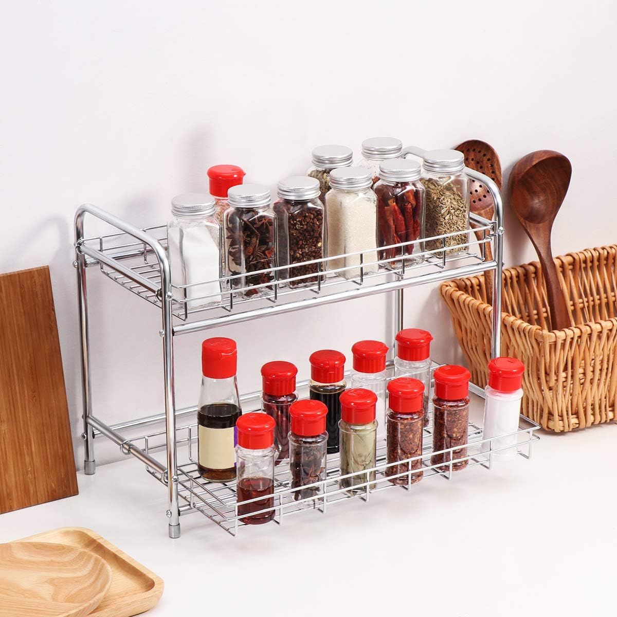 BESTONZON 2-Tier Spice Rack with Extendable Design, Kitchen Counter Storage Organiser Holder for Spice Jars Herb Spices - Image 3