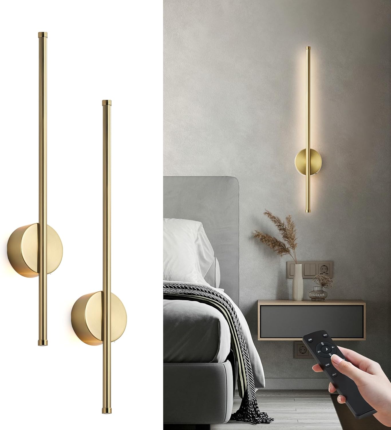 Battery Operated Modern Wall Sconces, Dimmable Wireless Wall Light Set of Two with Remote Control, 3 Color Temperatures, Rechargeable LED Wall Sconce for Bedroom, Living Room, Hallway, 23.6 Inch Brass Brass 23.6 Inch