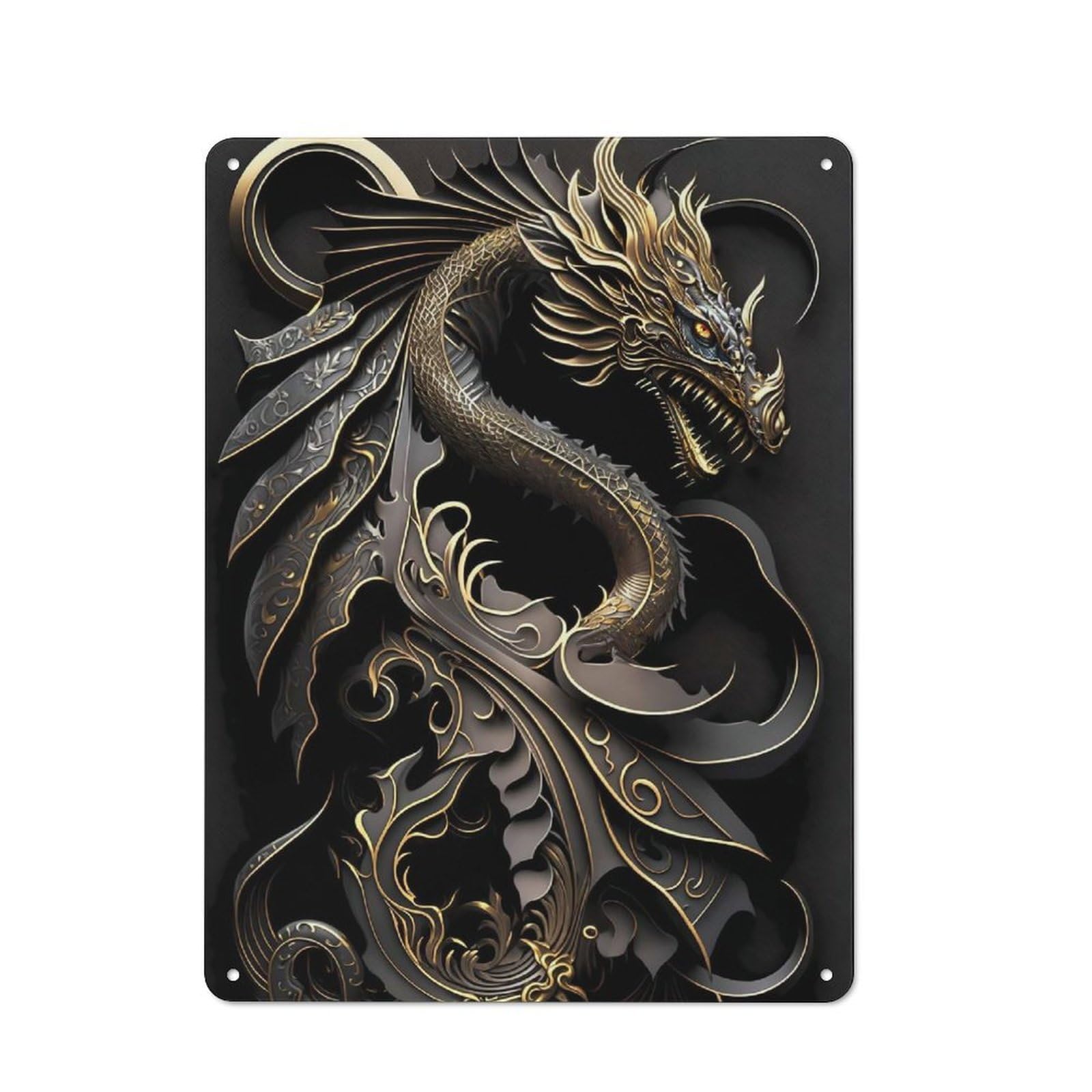 Junmoney Style-23 Vintage Golden Guardian Dragon Tin Sign 40X30cm, Shed Wall Plaque For Garage, Workshop, Shed Or Utility Room