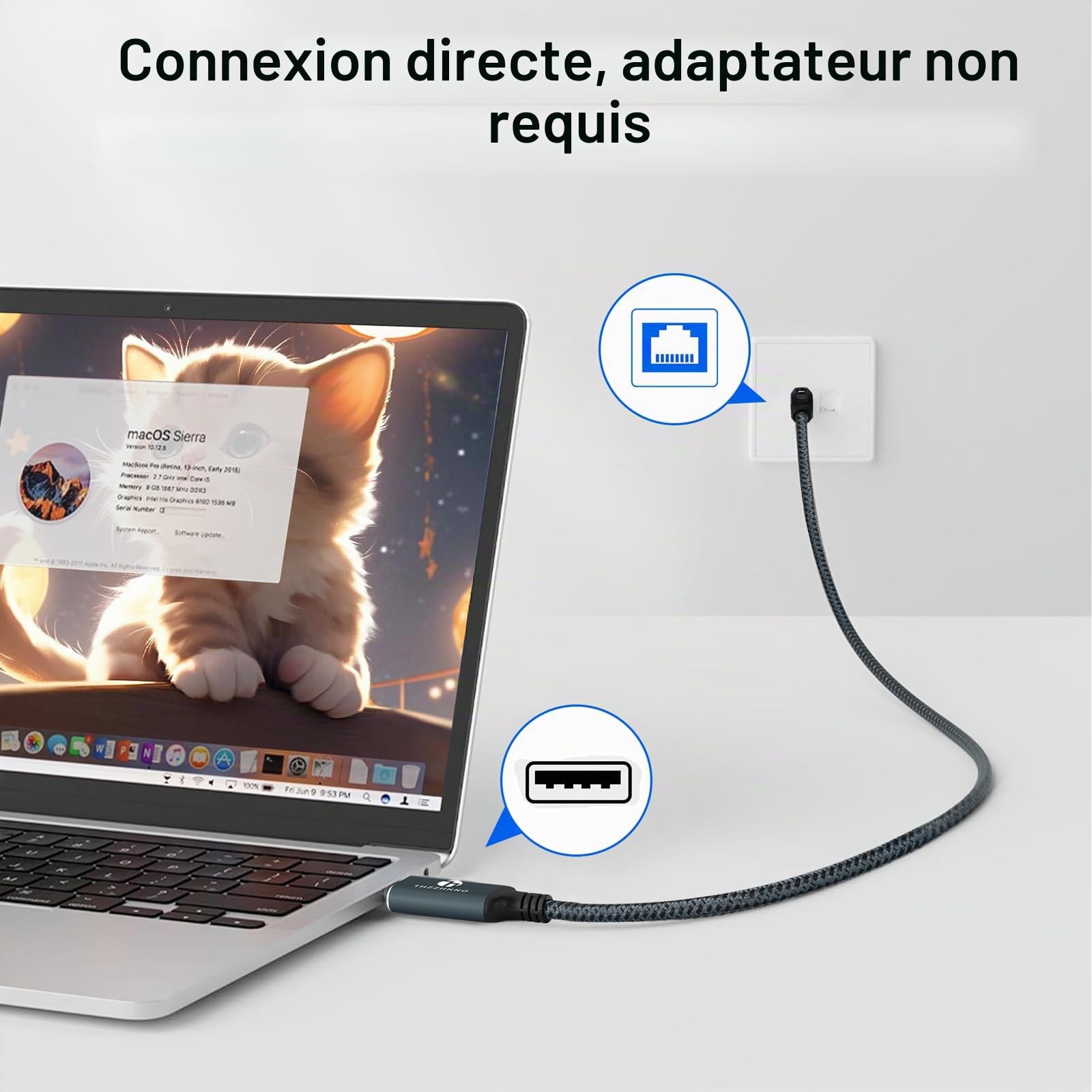 Adaptateur USB vers Ethernet 5M, USB 3.0 A vers RJ45 Mâle directement connecté au réseau LAN Gigabit, Compatible avec ordinateur portable, PC, MacBook, Switch, Windows, MacOS, Linux