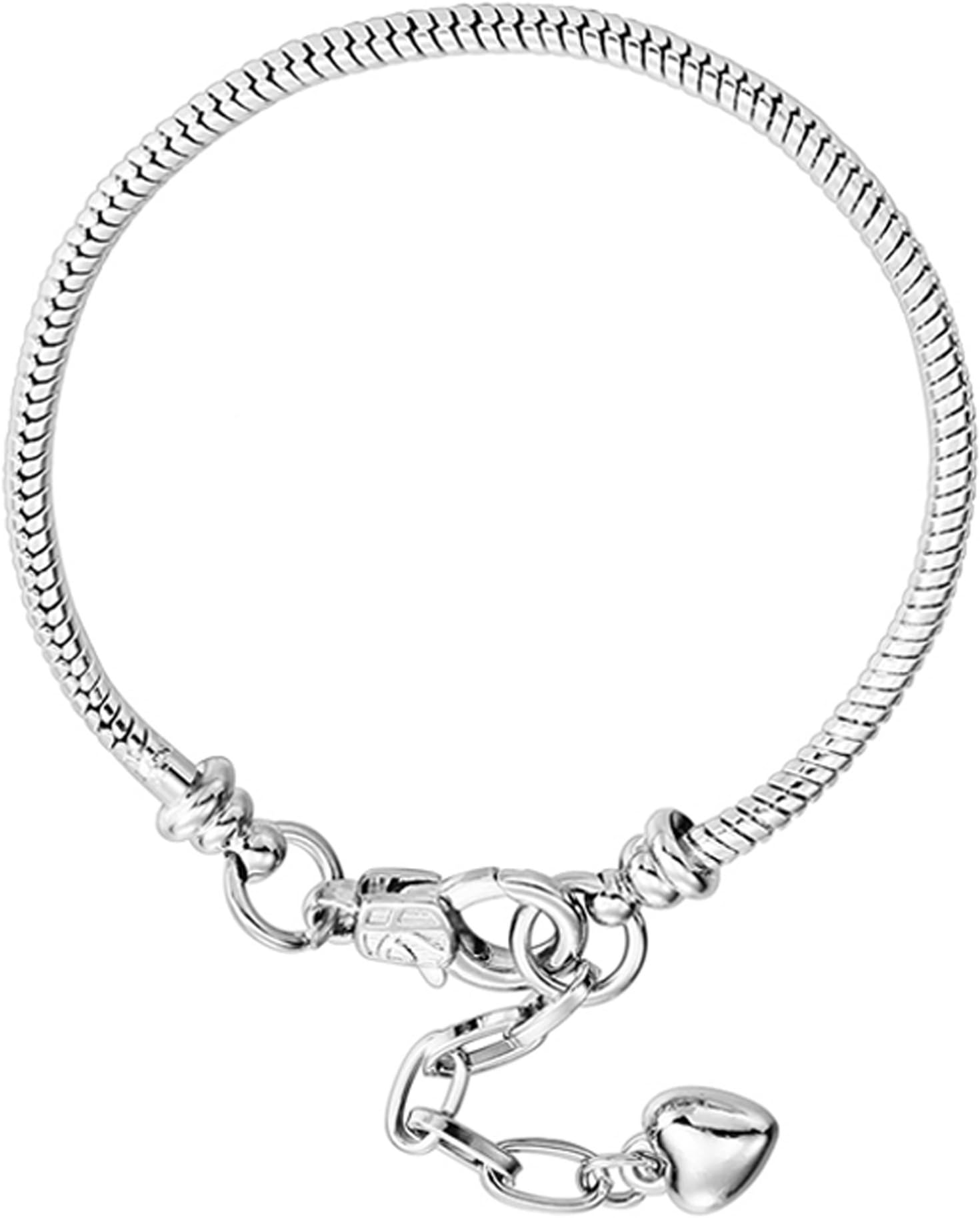 RUBYCA 5pcs White Silver Plated Heart Lobster European Snake Chain Bracelets fit Charm Beads 7.9"